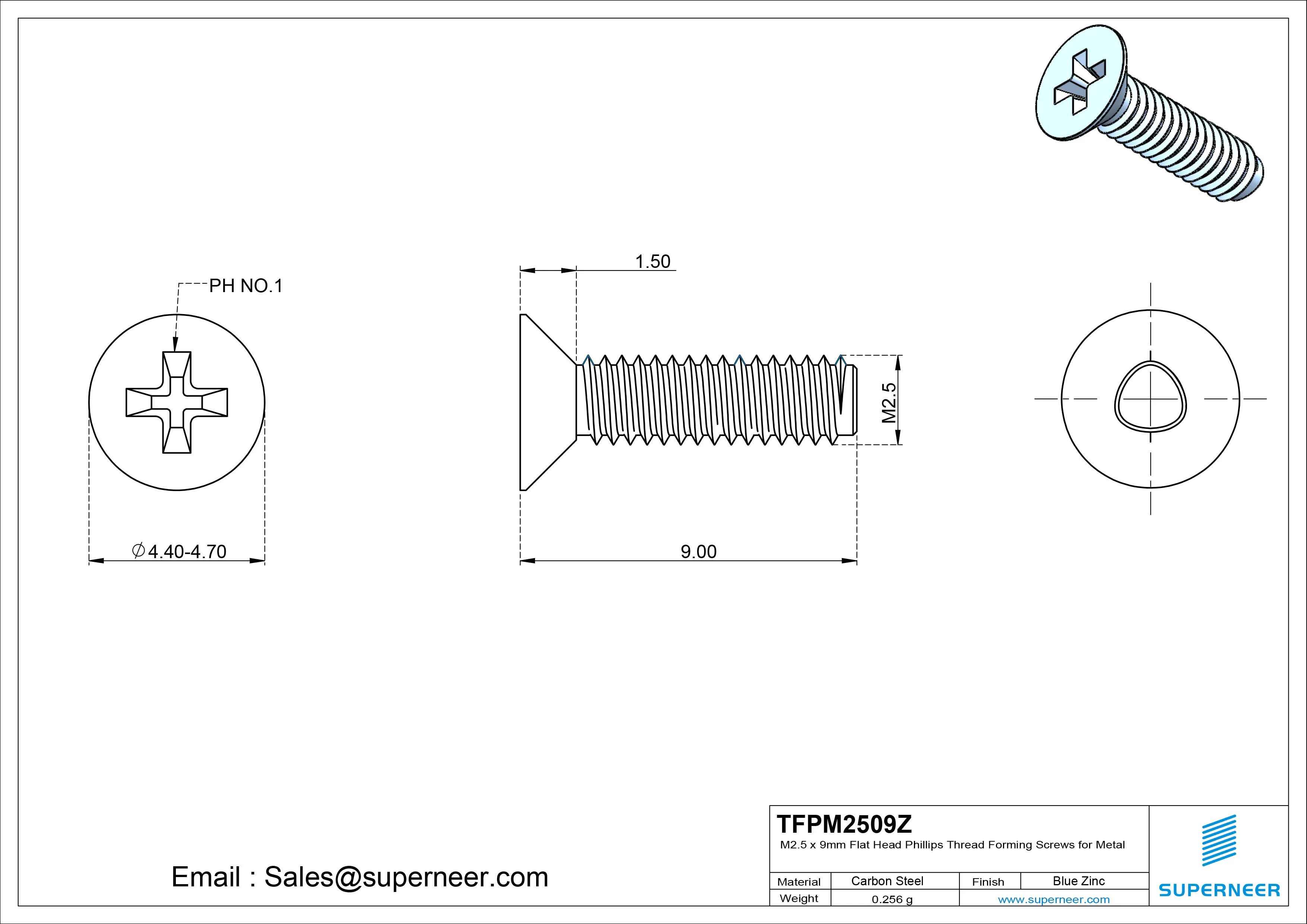 M2.5 × 9mm Flat Head Phillips Thread Forming Screws for Metal Steel Blue Zinc Plated