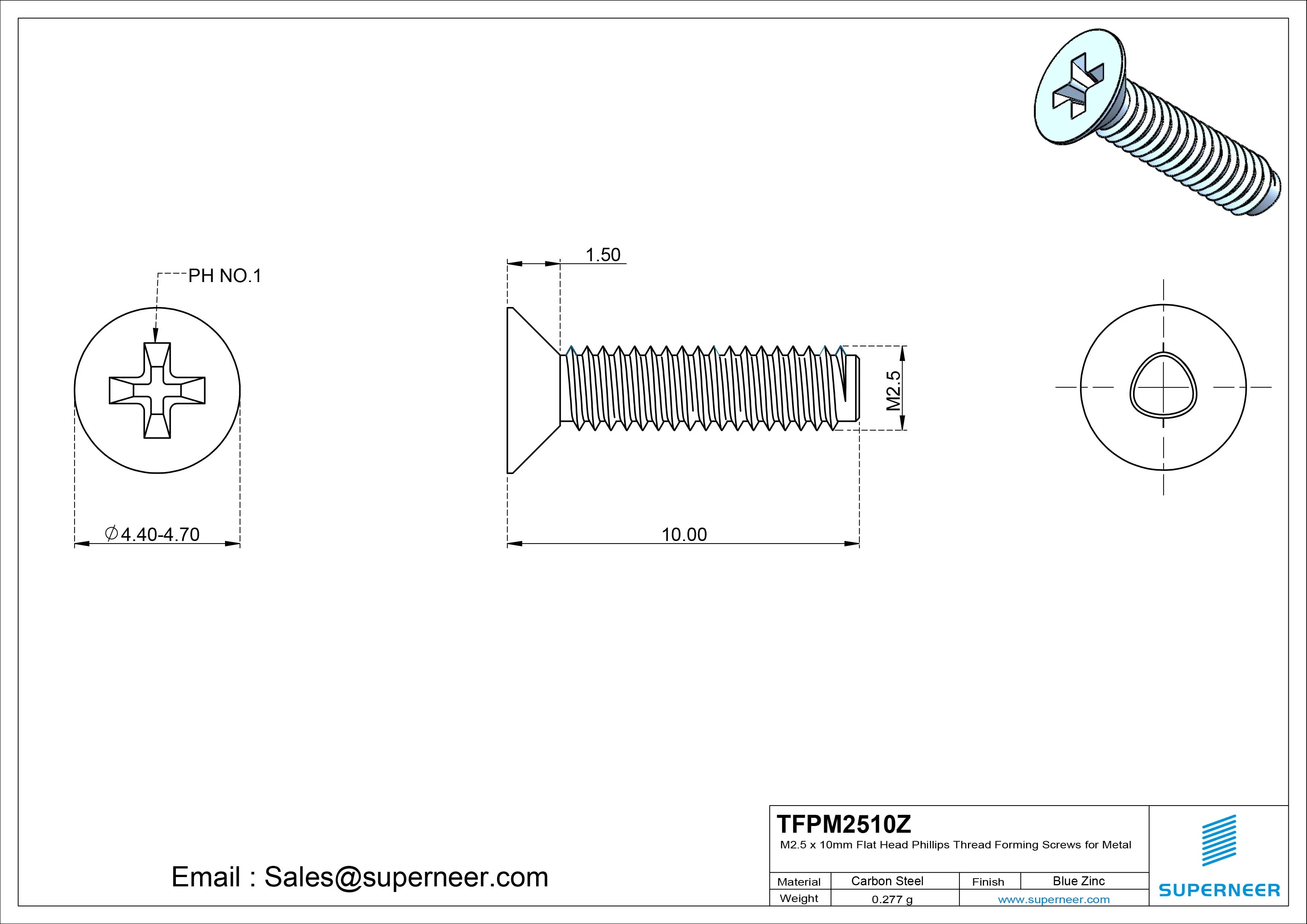 M2.5 × 10mm Flat Head Phillips Thread Forming Screws for Metal Steel Blue Zinc Plated