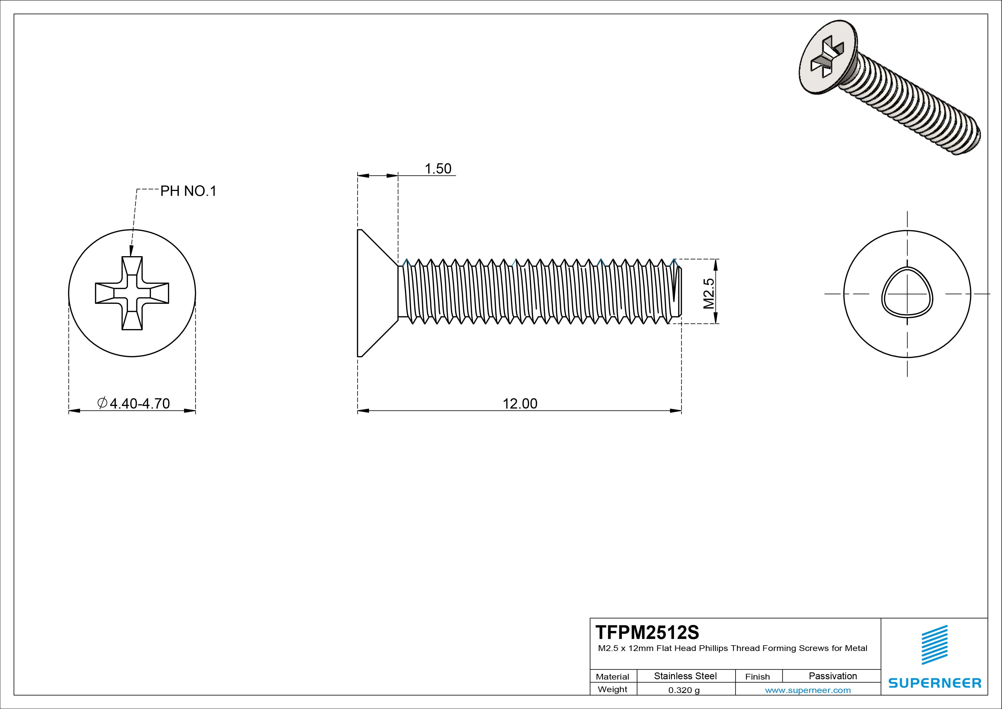 M2.5 × 12mm Flat Head Phillips Thread Forming Screws for Metal SUS304 Stainless Steel Inox