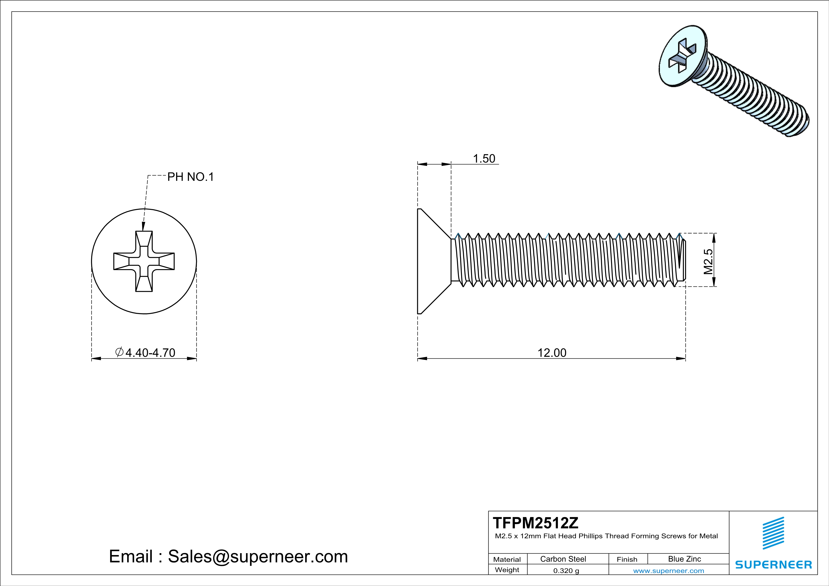 M2.5 × 12mm Flat Head Phillips Thread Forming Screws for Metal Steel Blue Zinc Plated