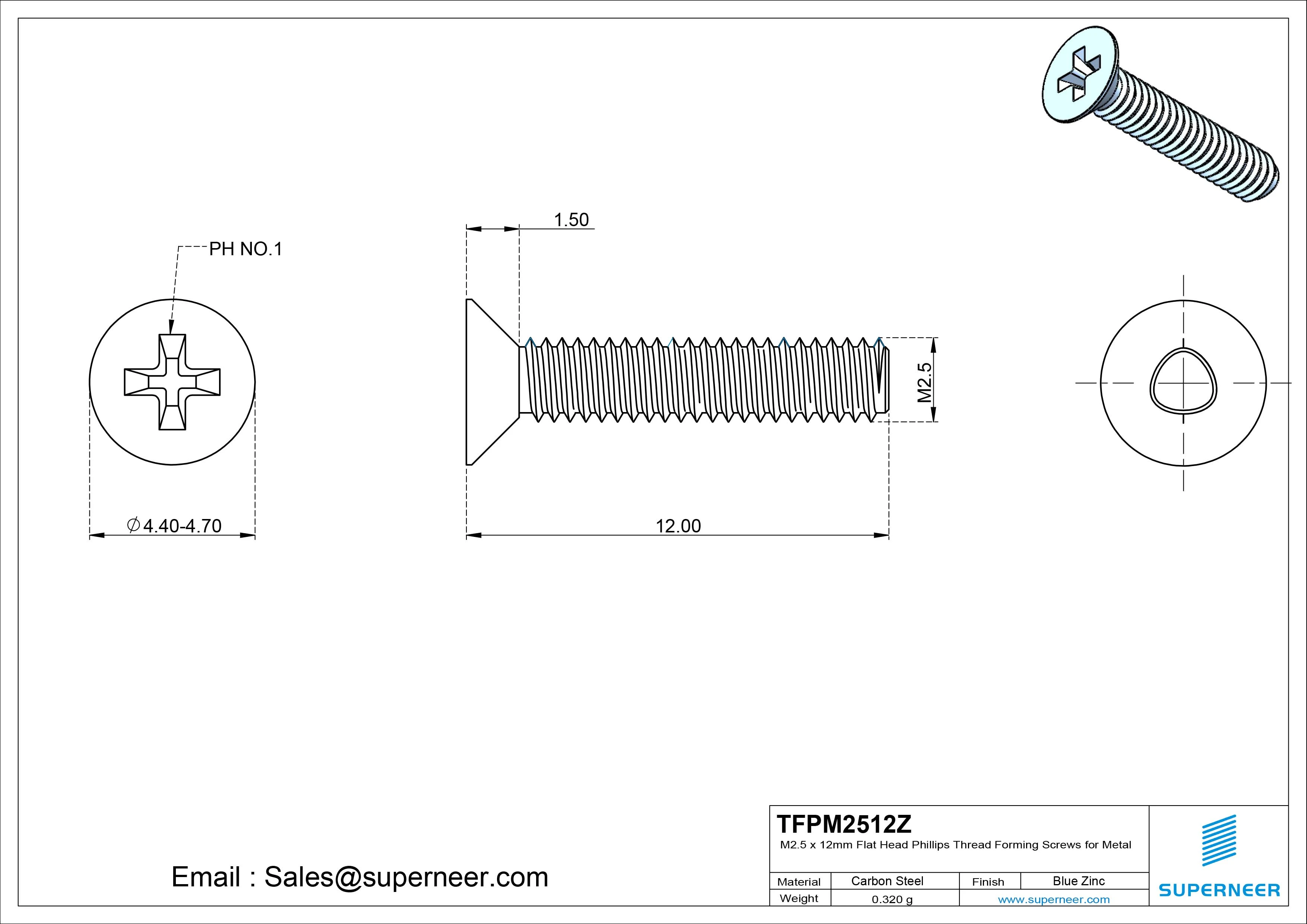 M2.5 × 12mm Flat Head Phillips Thread Forming Screws for Metal Steel Blue Zinc Plated