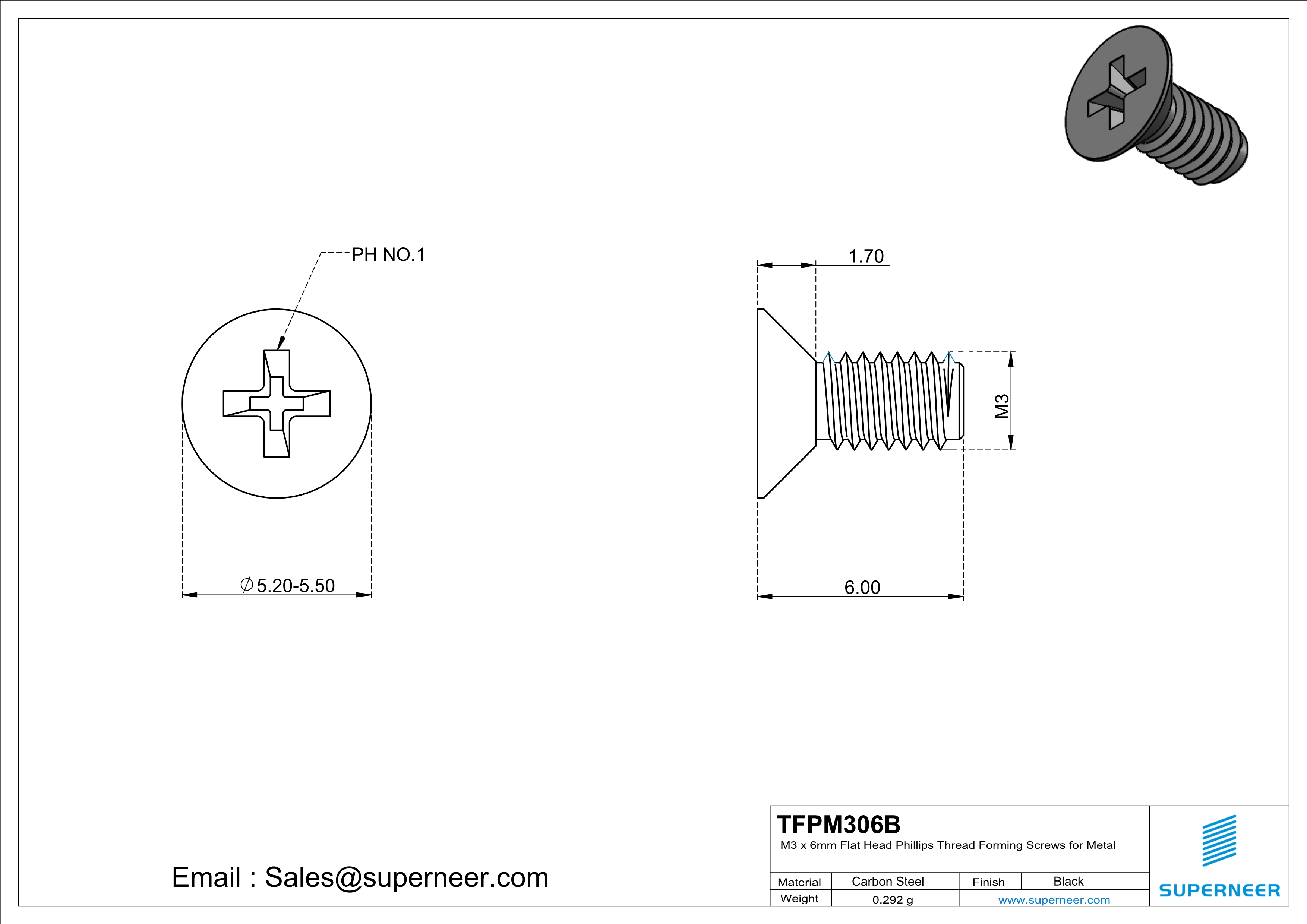 M3 × 6mm Flat Head Phillips Thread Forming Screws for Metal Steel Black