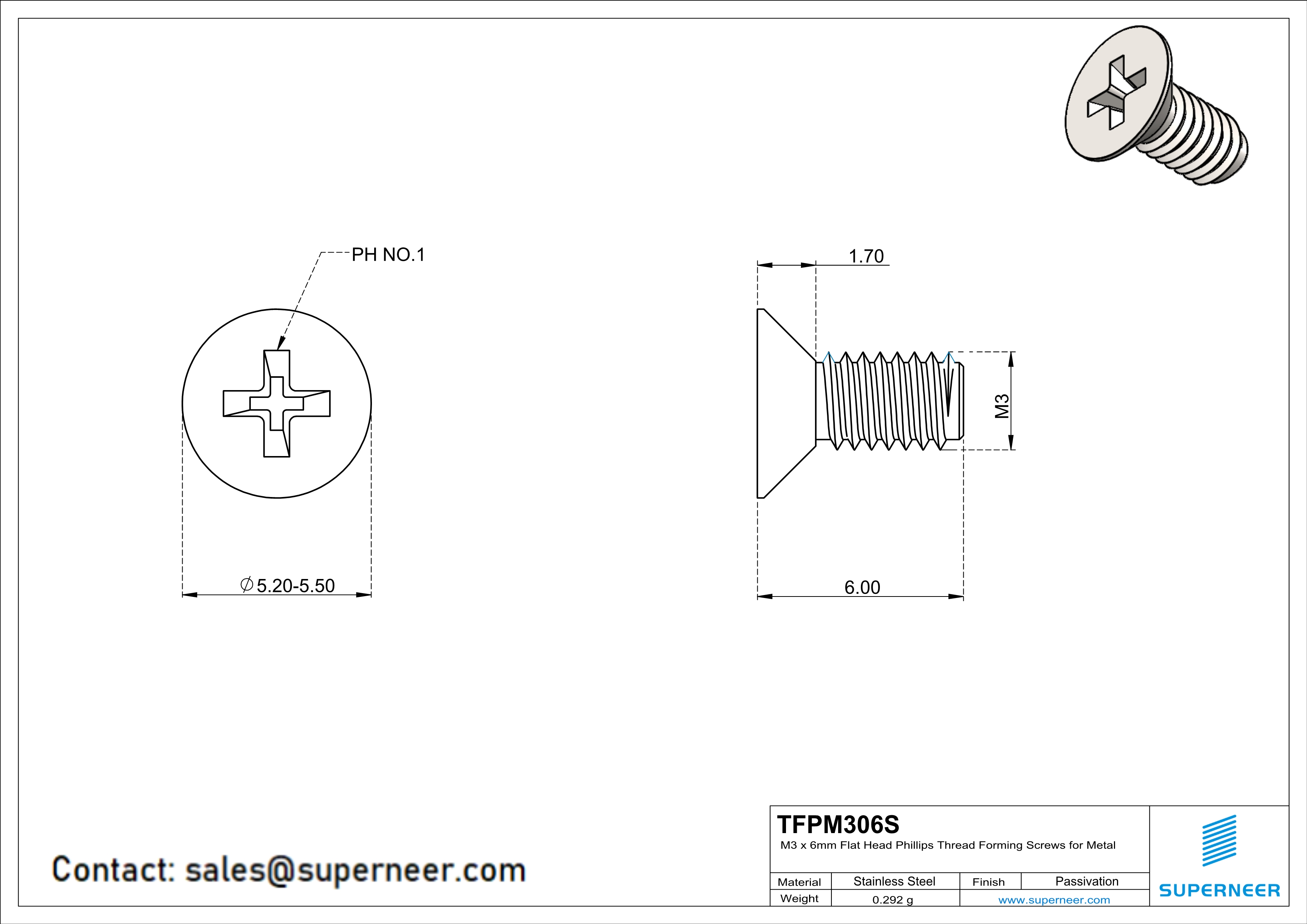 M3 × 6mm Flat Head Phillips Thread Forming Screws for Metal SUS304 Stainless Steel Inox