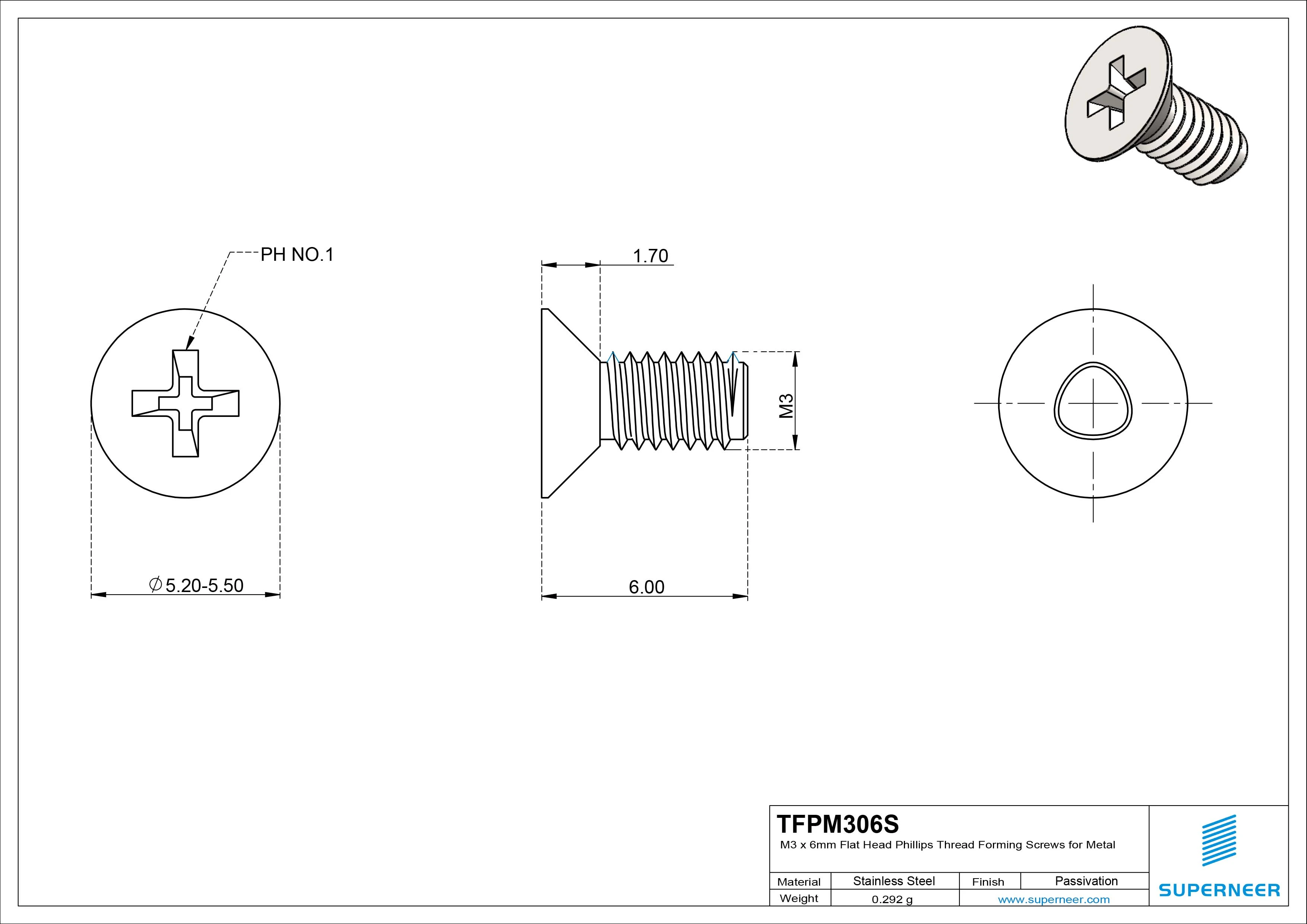 M3 × 6mm Flat Head Phillips Thread Forming Screws for Metal SUS304 Stainless Steel Inox