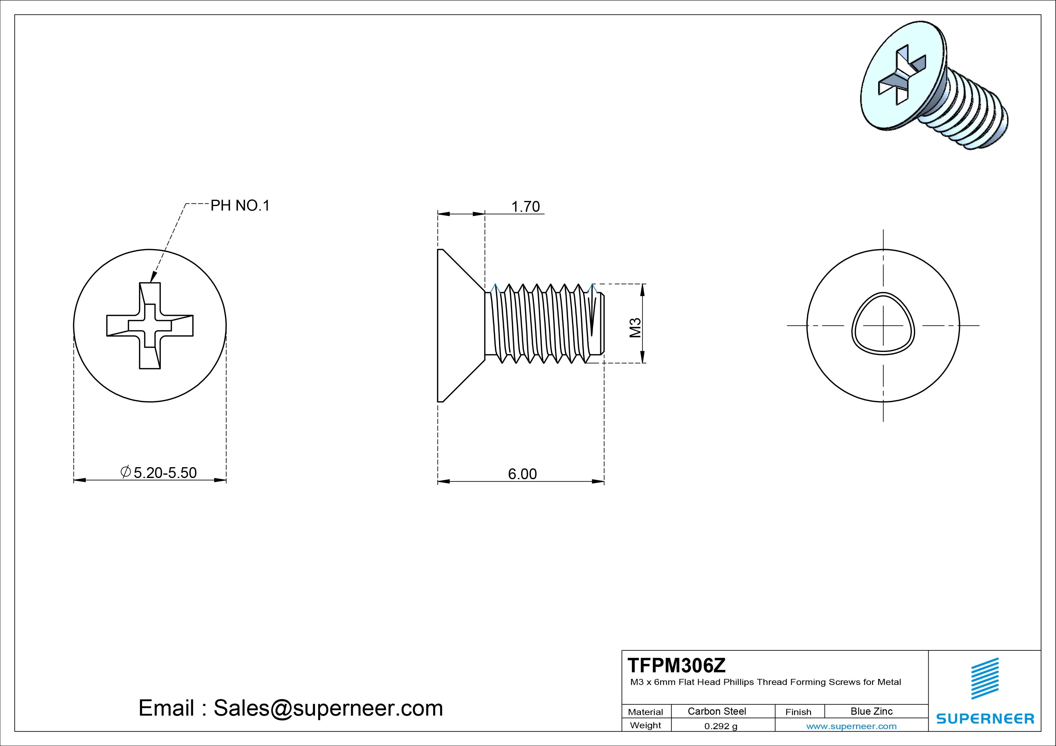 M3 × 6mm Flat Head Phillips Thread Forming Screws for Metal Steel Blue Zinc Plated