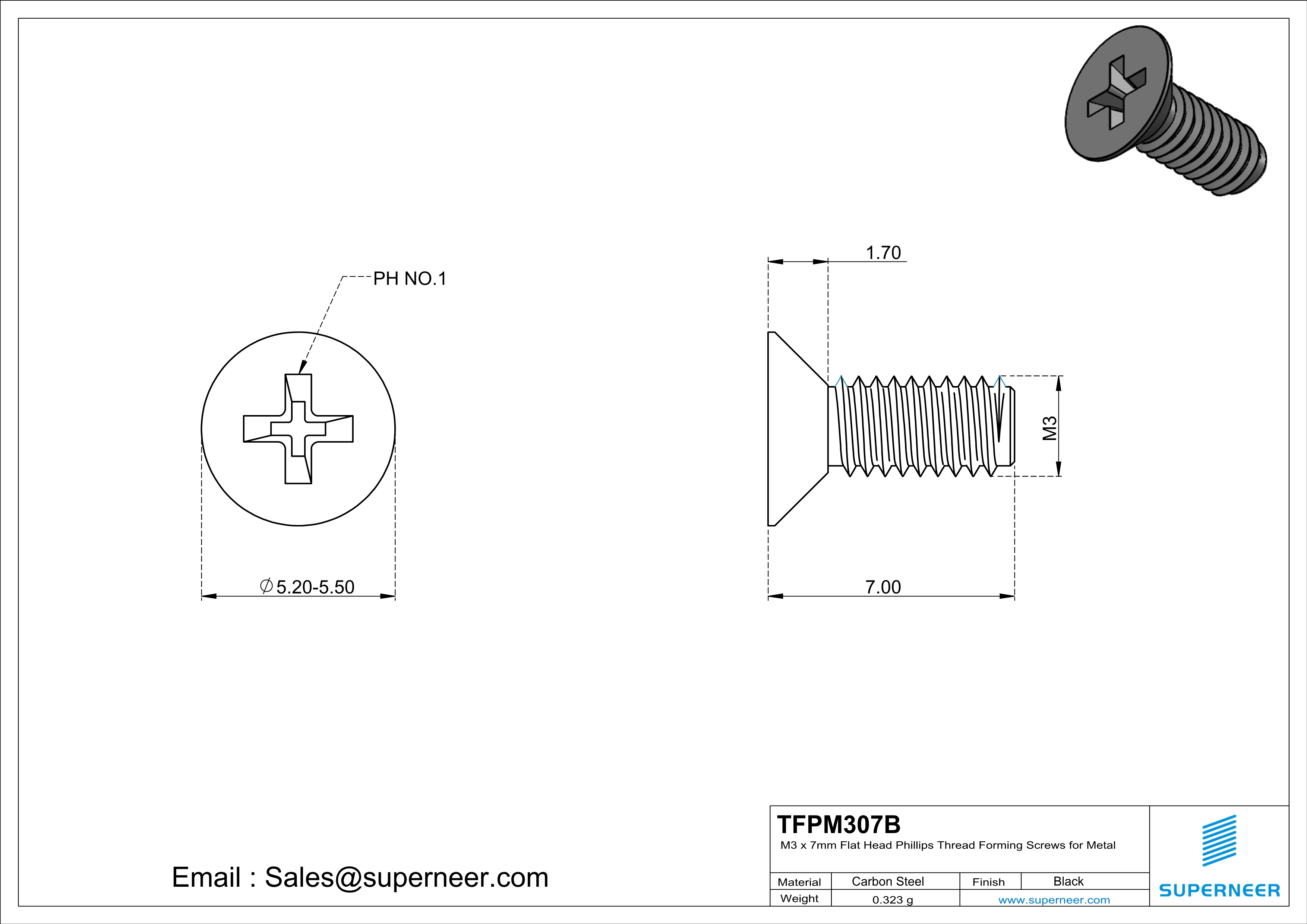 M3 × 7mm Flat Head Phillips Thread Forming Screws for Metal Steel Black