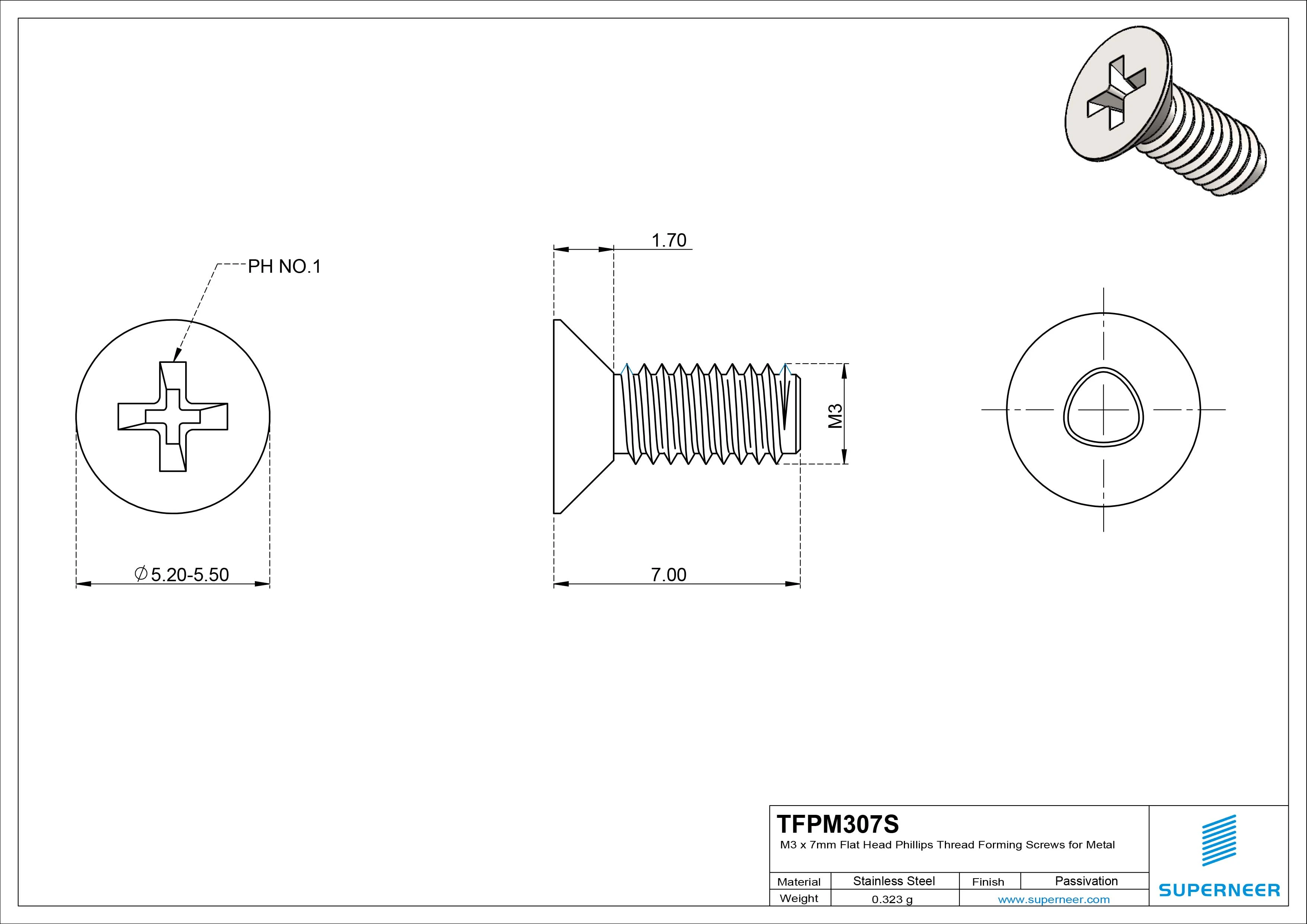 M3 × 7mm Flat Head Phillips Thread Forming Screws for Metal SUS304 Stainless Steel Inox