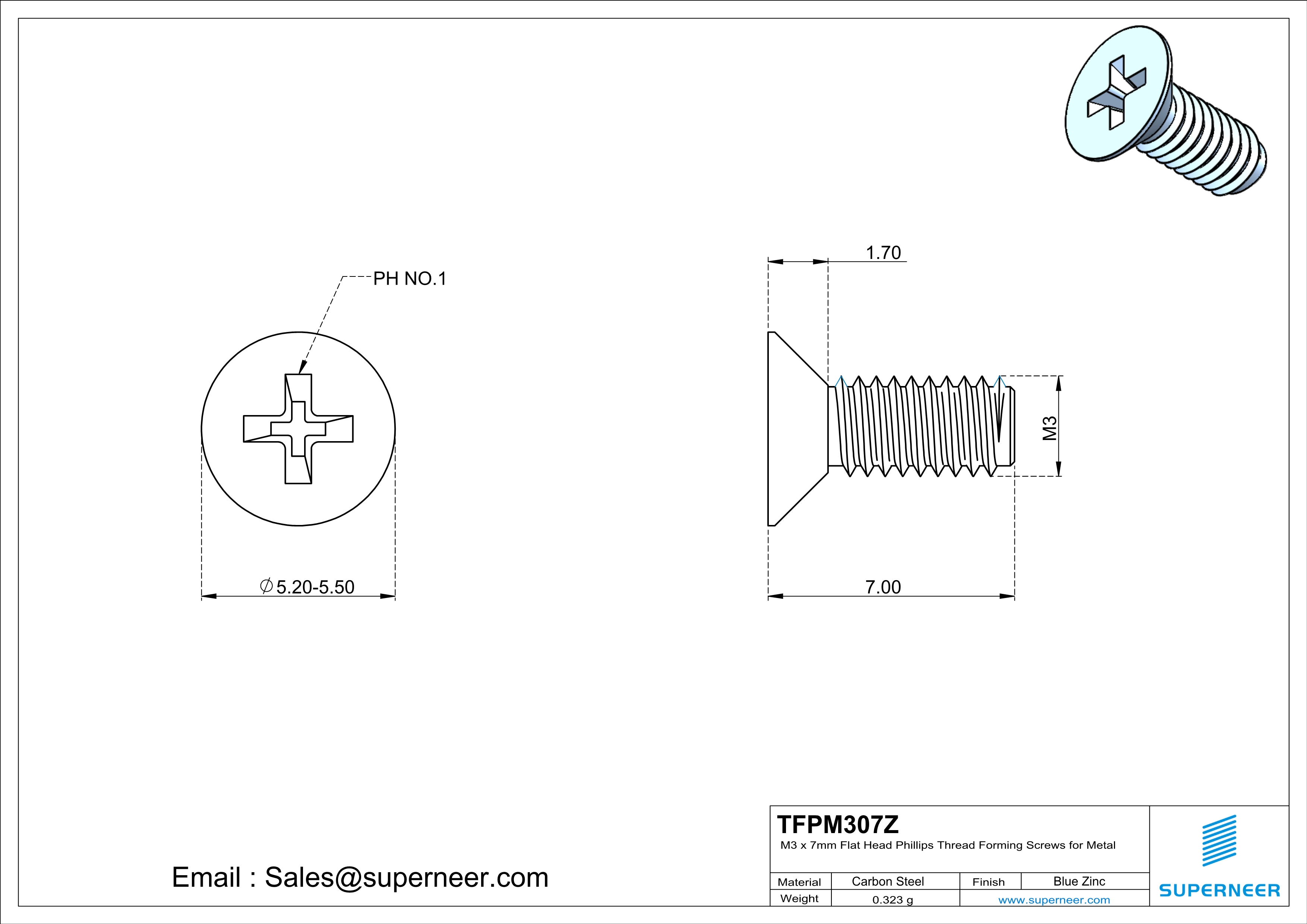 M3 × 7mm Flat Head Phillips Thread Forming Screws for Metal Steel Blue Zinc Plated