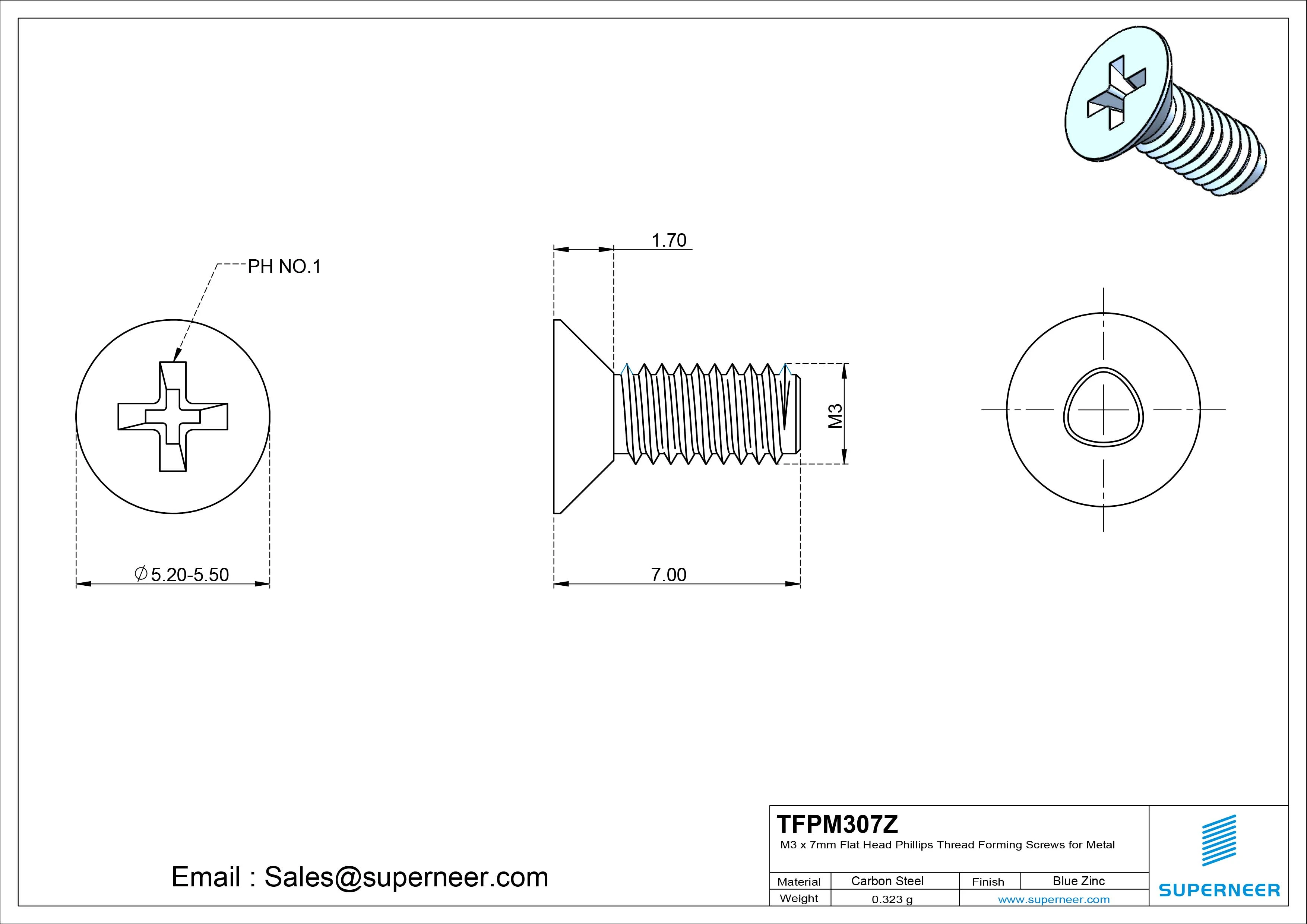 M3 × 7mm Flat Head Phillips Thread Forming Screws for Metal Steel Blue Zinc Plated