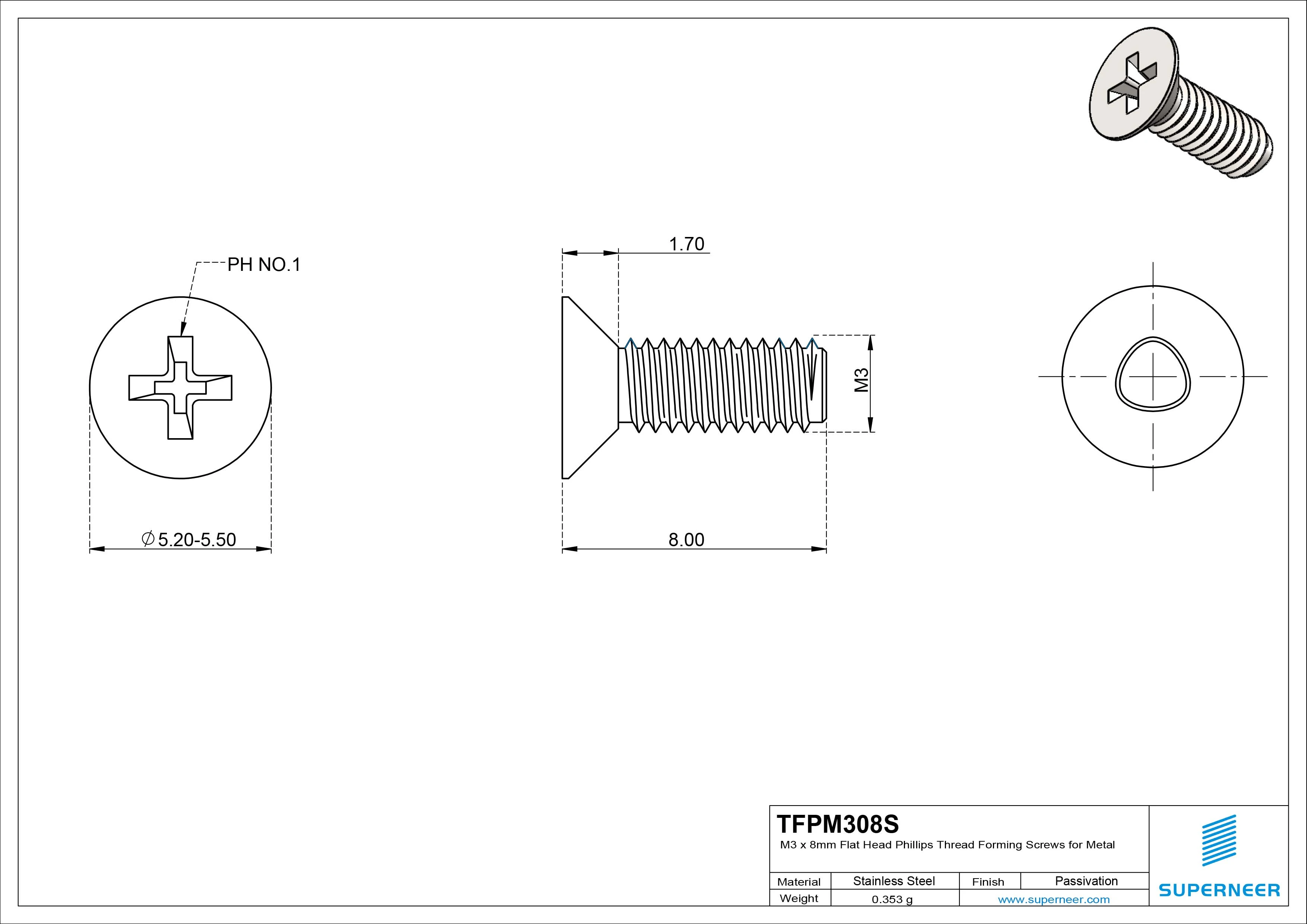 M3 × 8mm Flat Head Phillips Thread Forming Screws for Metal SUS304 Stainless Steel Inox