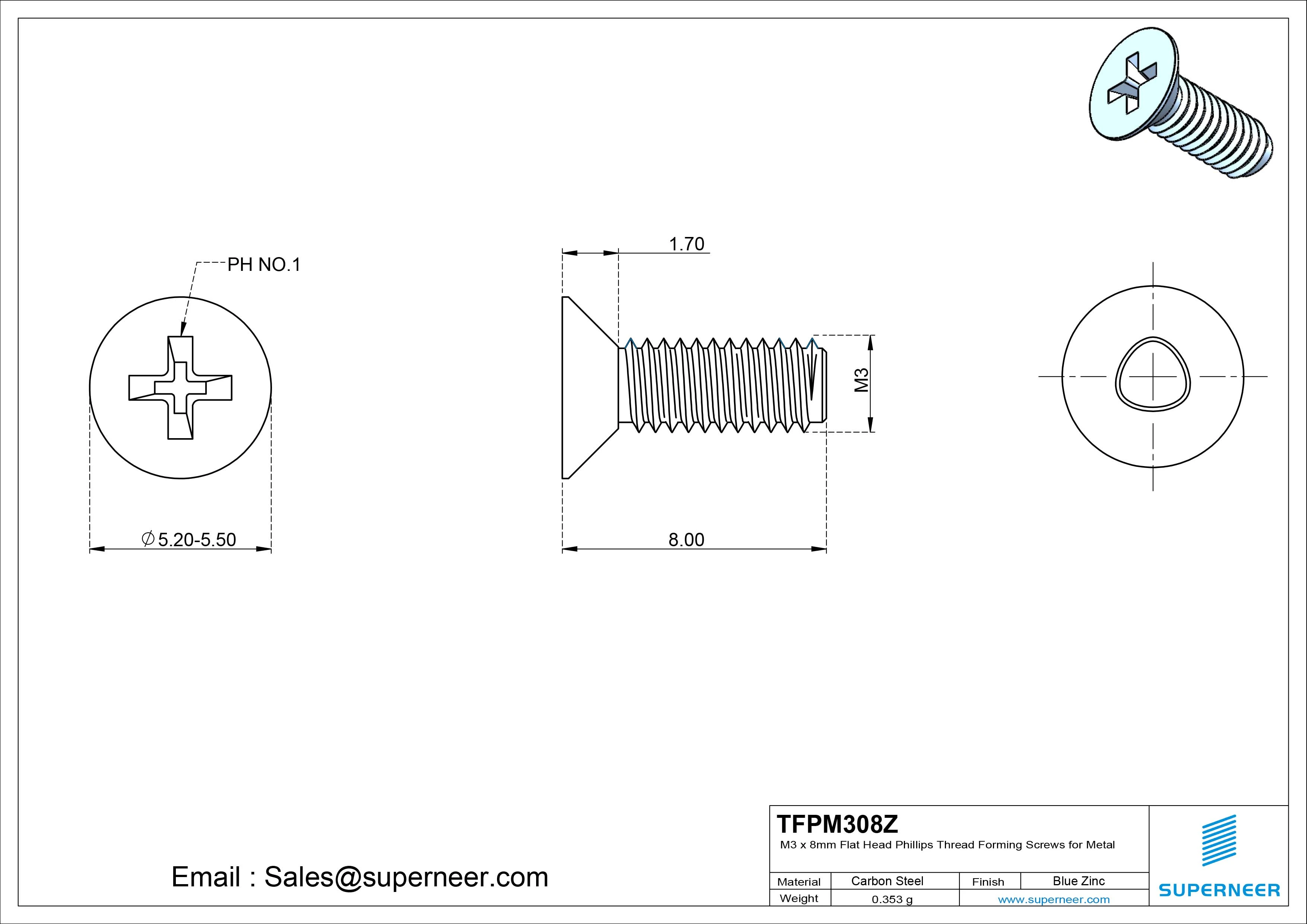 M3 × 8mm Flat Head Phillips Thread Forming Screws for Metal Steel Blue Zinc Plated