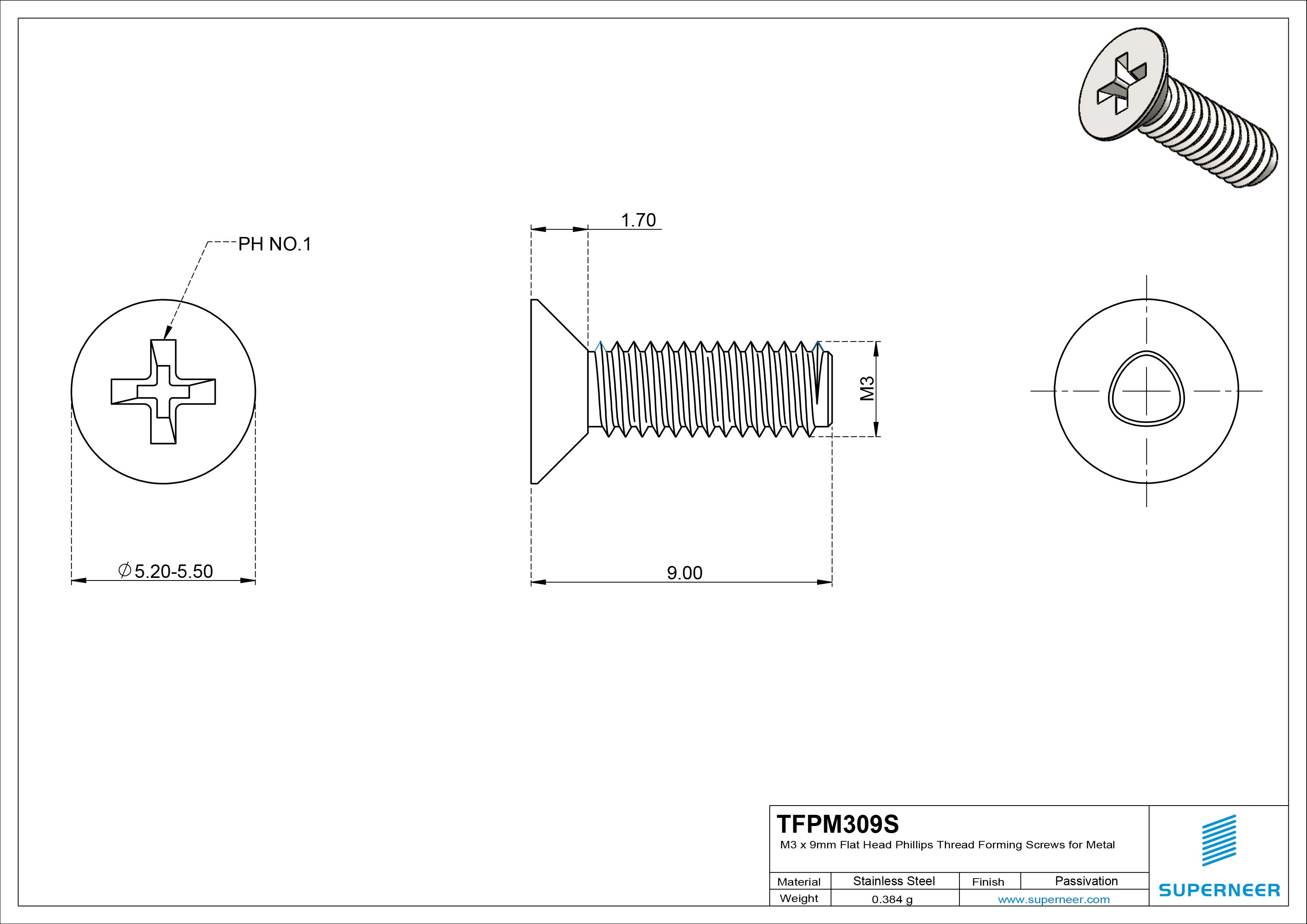 M3 × 9mm Flat Head Phillips Thread Forming Screws for Metal SUS304 Stainless Steel Inox