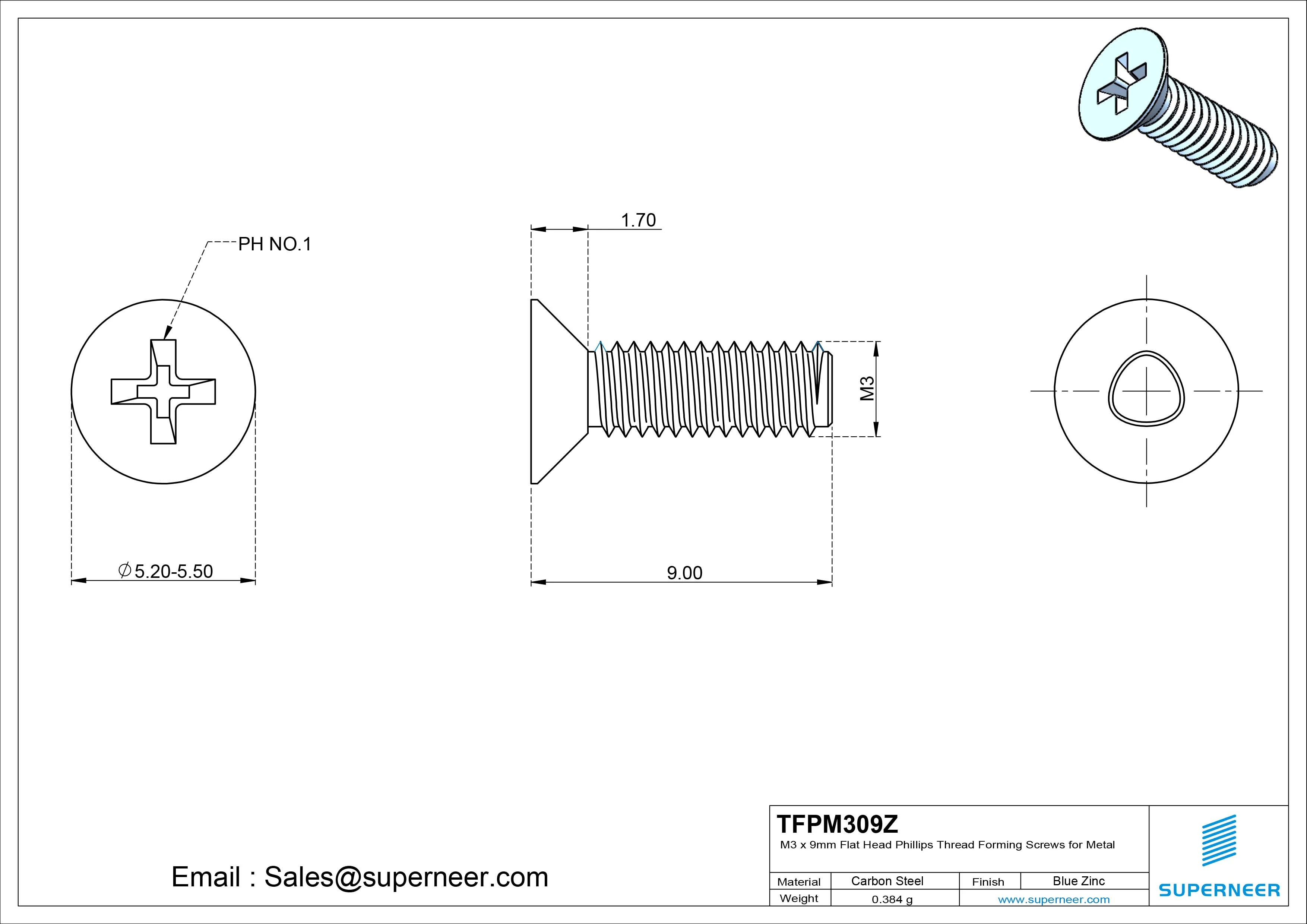 M3 × 9mm Flat Head Phillips Thread Forming Screws for Metal Steel Blue Zinc Plated