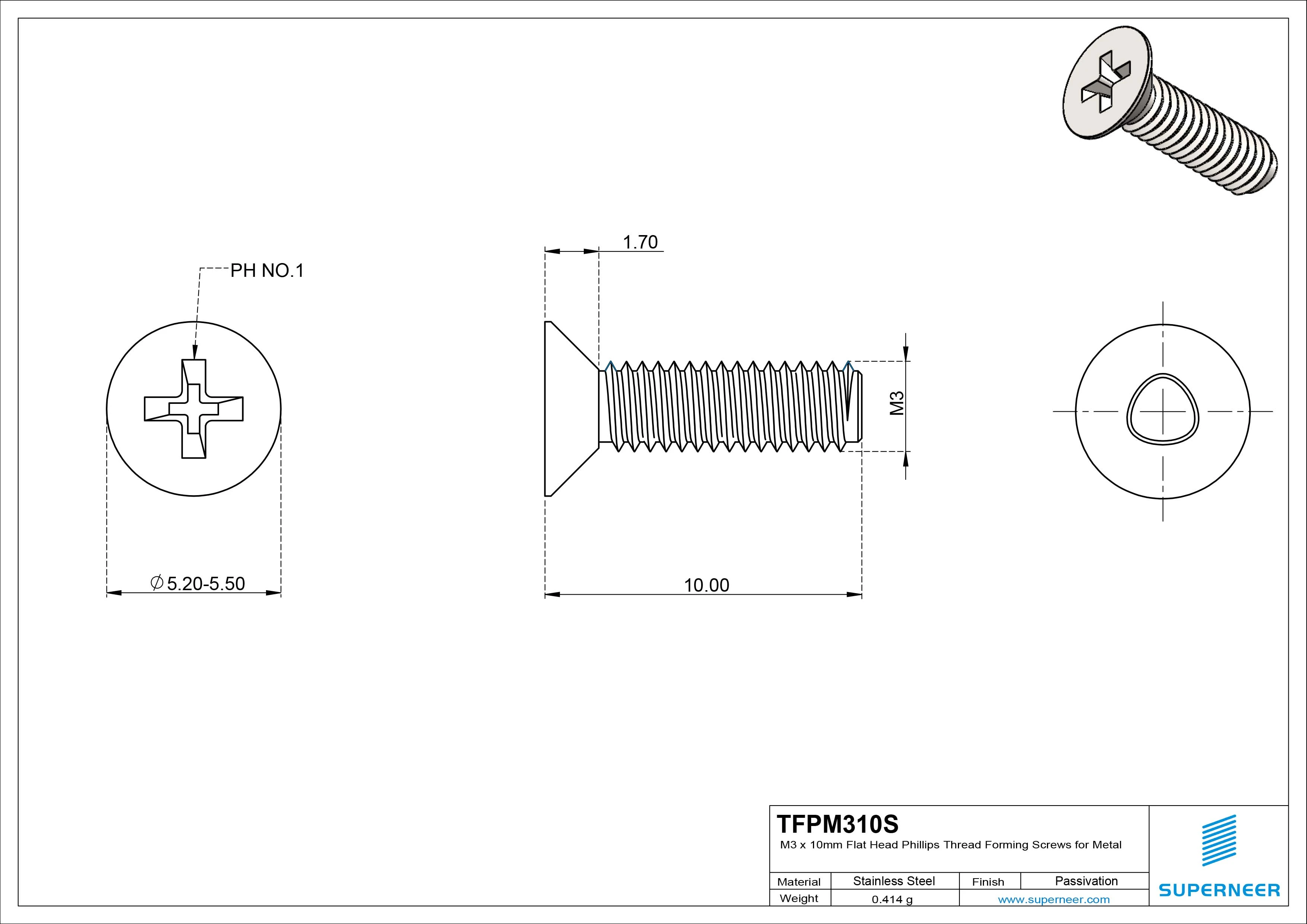 M3 × 10mm Flat Head Phillips Thread Forming Screws for Metal SUS304 Stainless Steel Inox