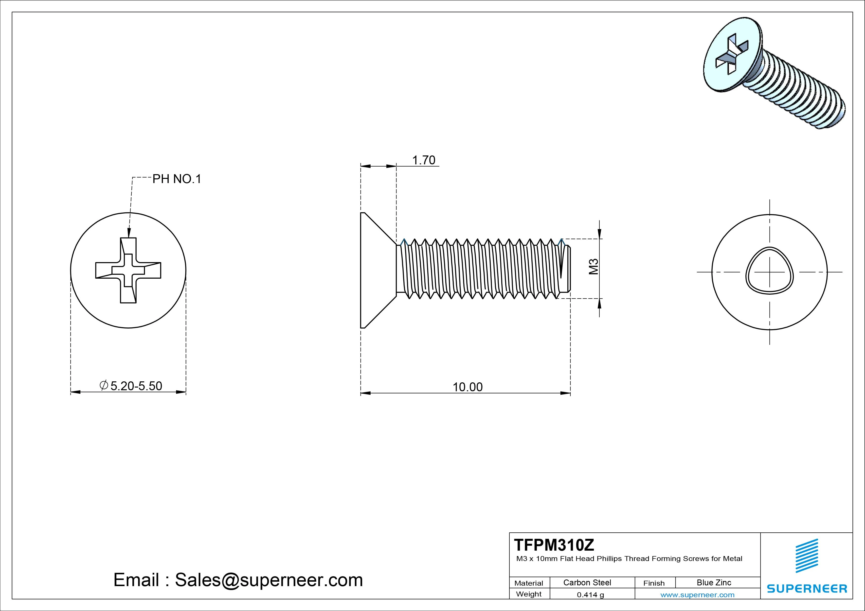 M3 × 10mm Flat Head Phillips Thread Forming Screws for Metal Steel Blue Zinc Plated