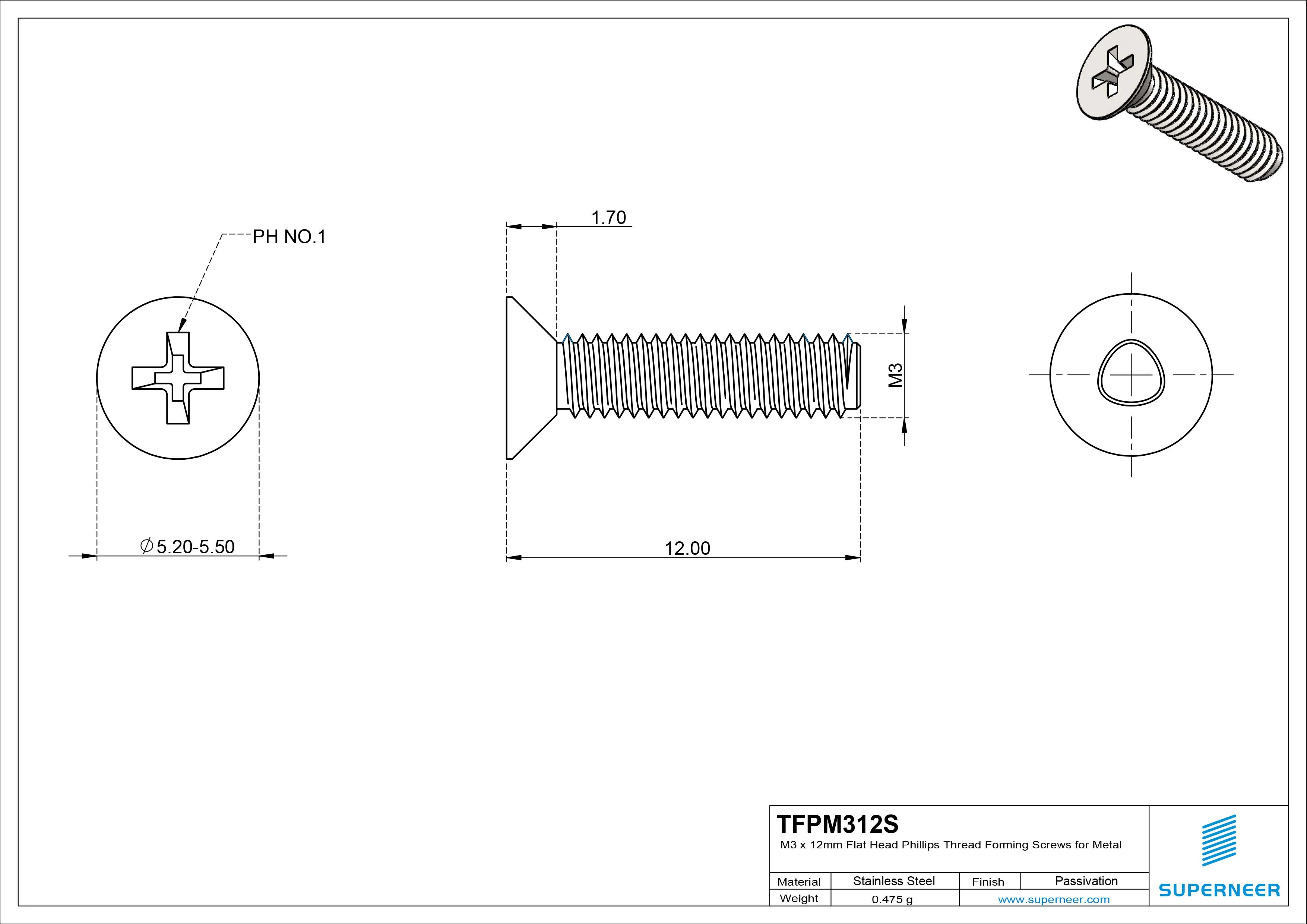 M3 × 12mm Flat Head Phillips Thread Forming Screws for Metal SUS304 Stainless Steel Inox