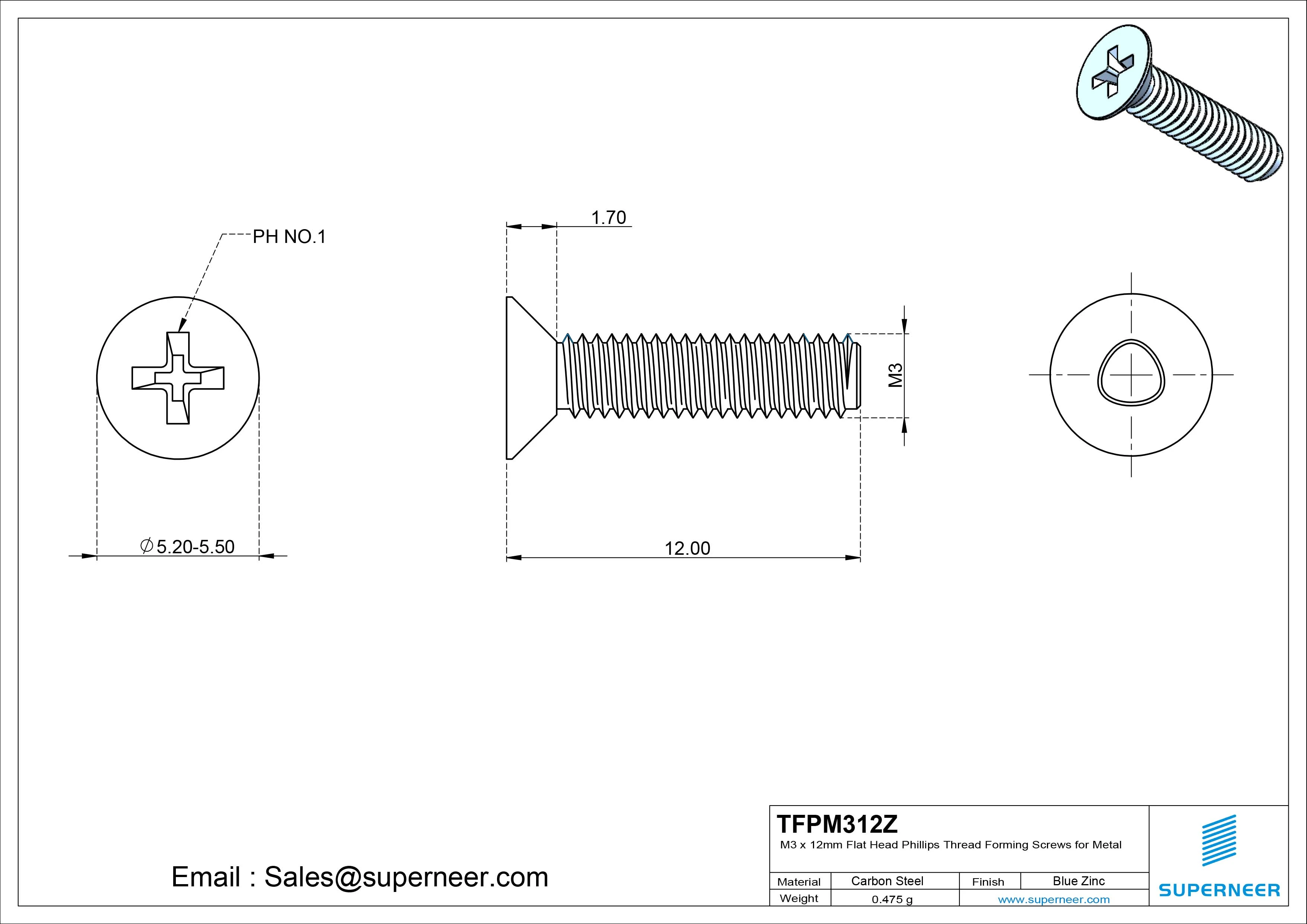 M3 × 12mm Flat Head Phillips Thread Forming Screws for Metal Steel Blue Zinc Plated