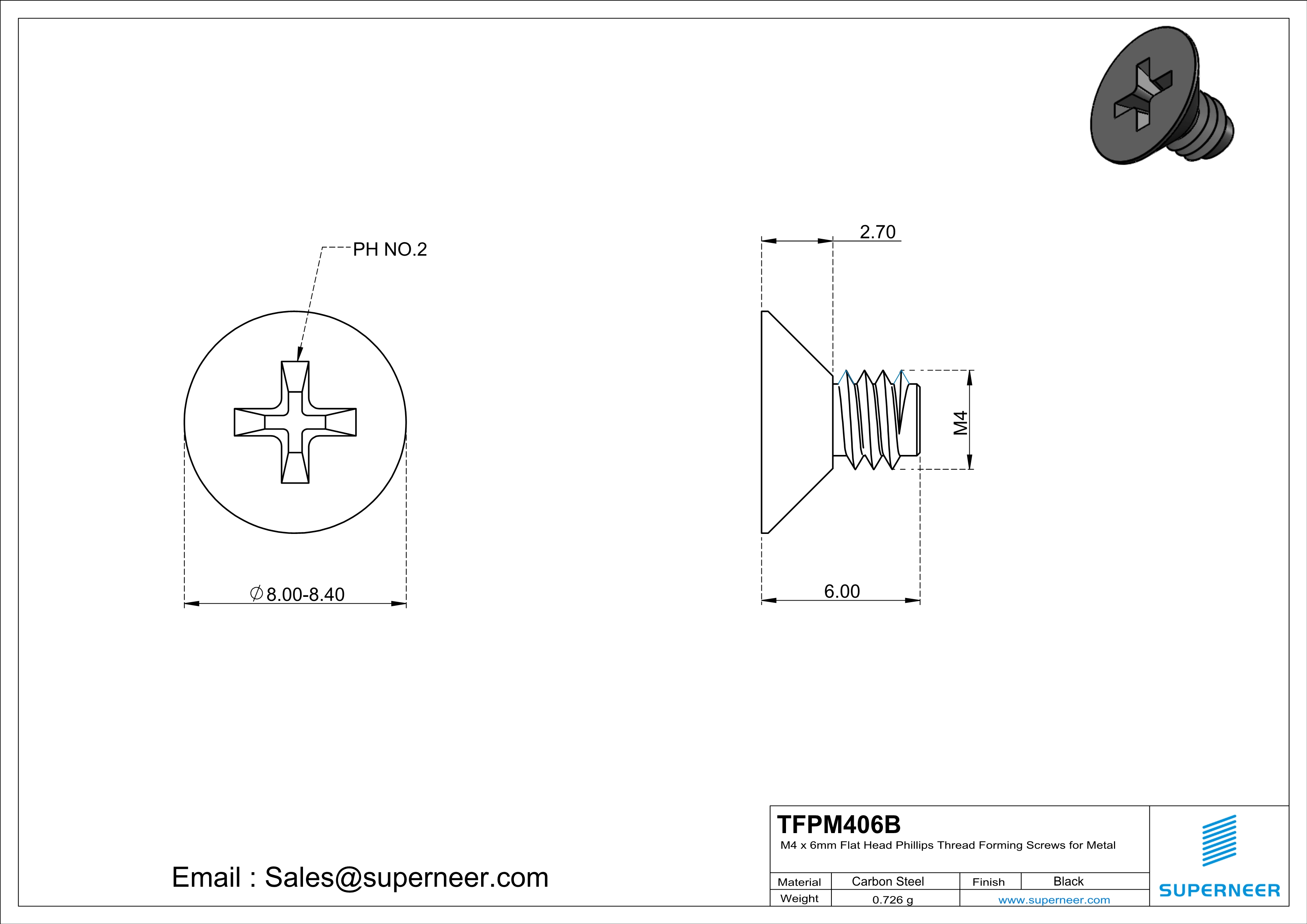 M4 × 6mm Flat Head Phillips Thread Forming Screws for Metal Steel Black