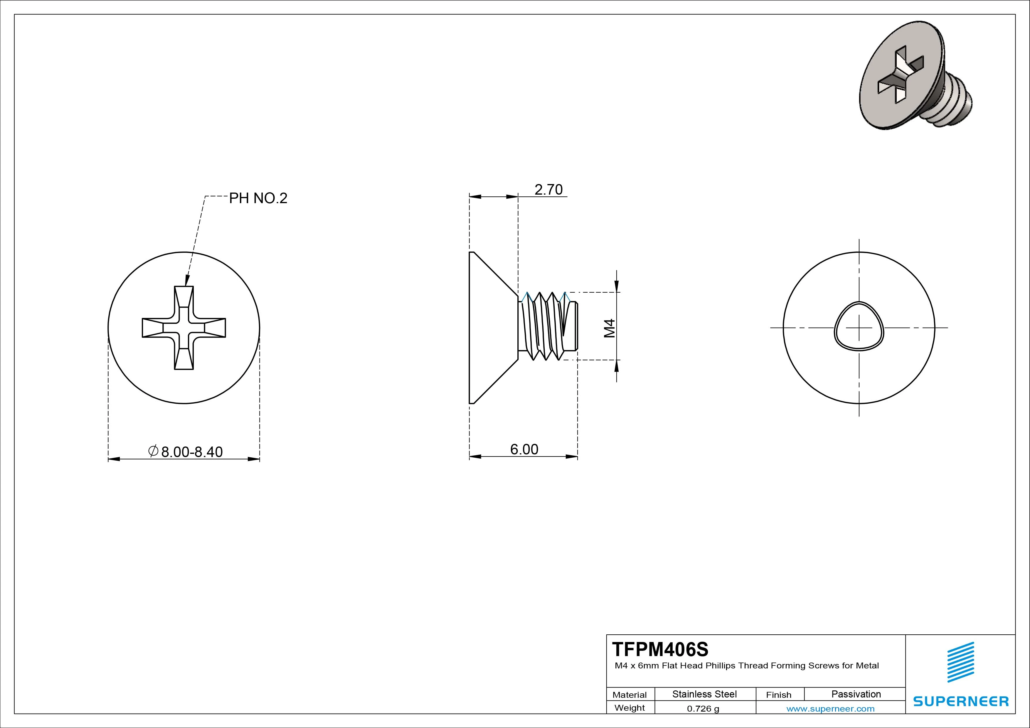 M4 × 6mm Flat Head Phillips Thread Forming Screws for Metal SUS304 Stainless Steel Inox