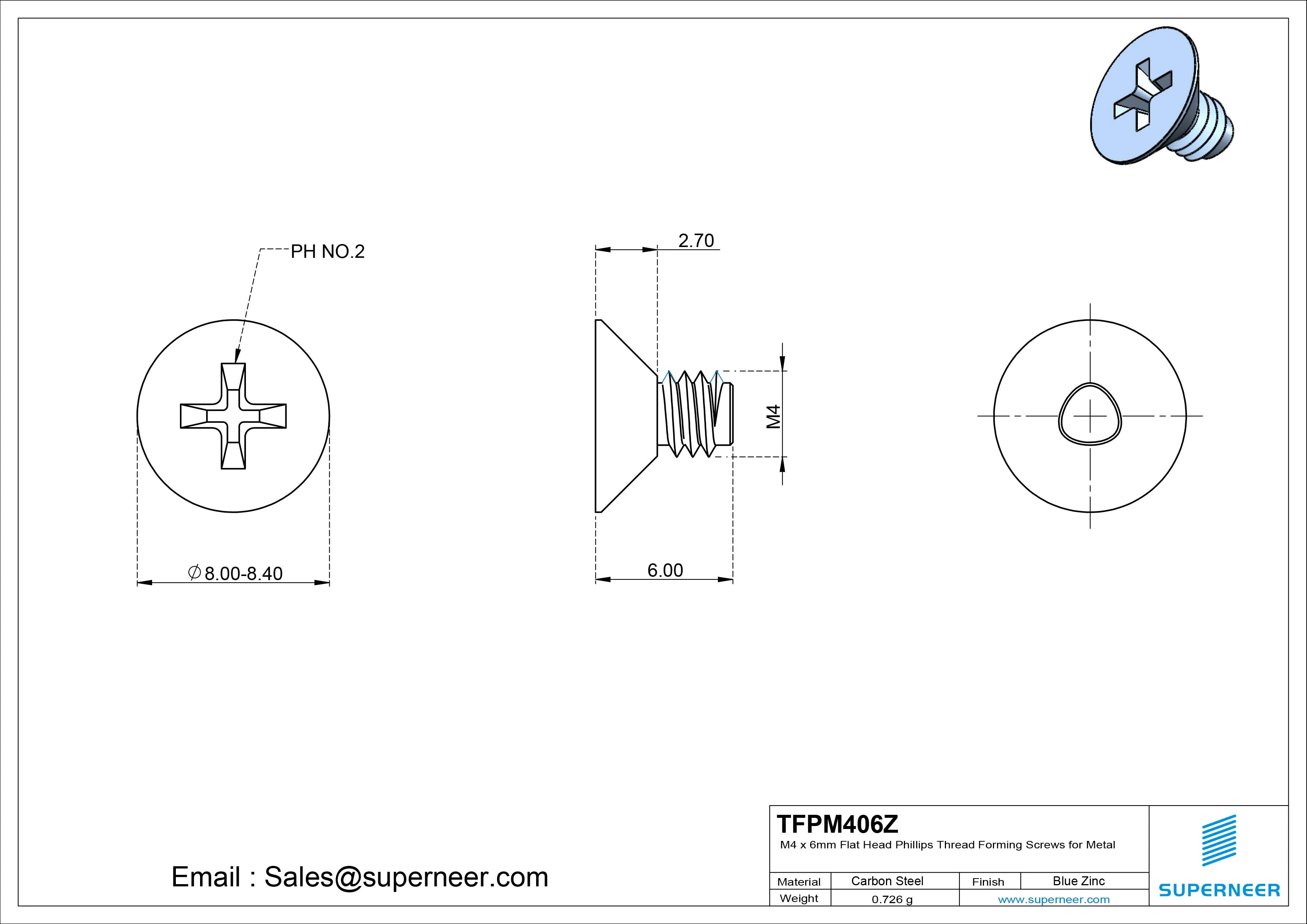 M4 × 6mm Flat Head Phillips Thread Forming Screws for Metal Steel Blue Zinc Plated