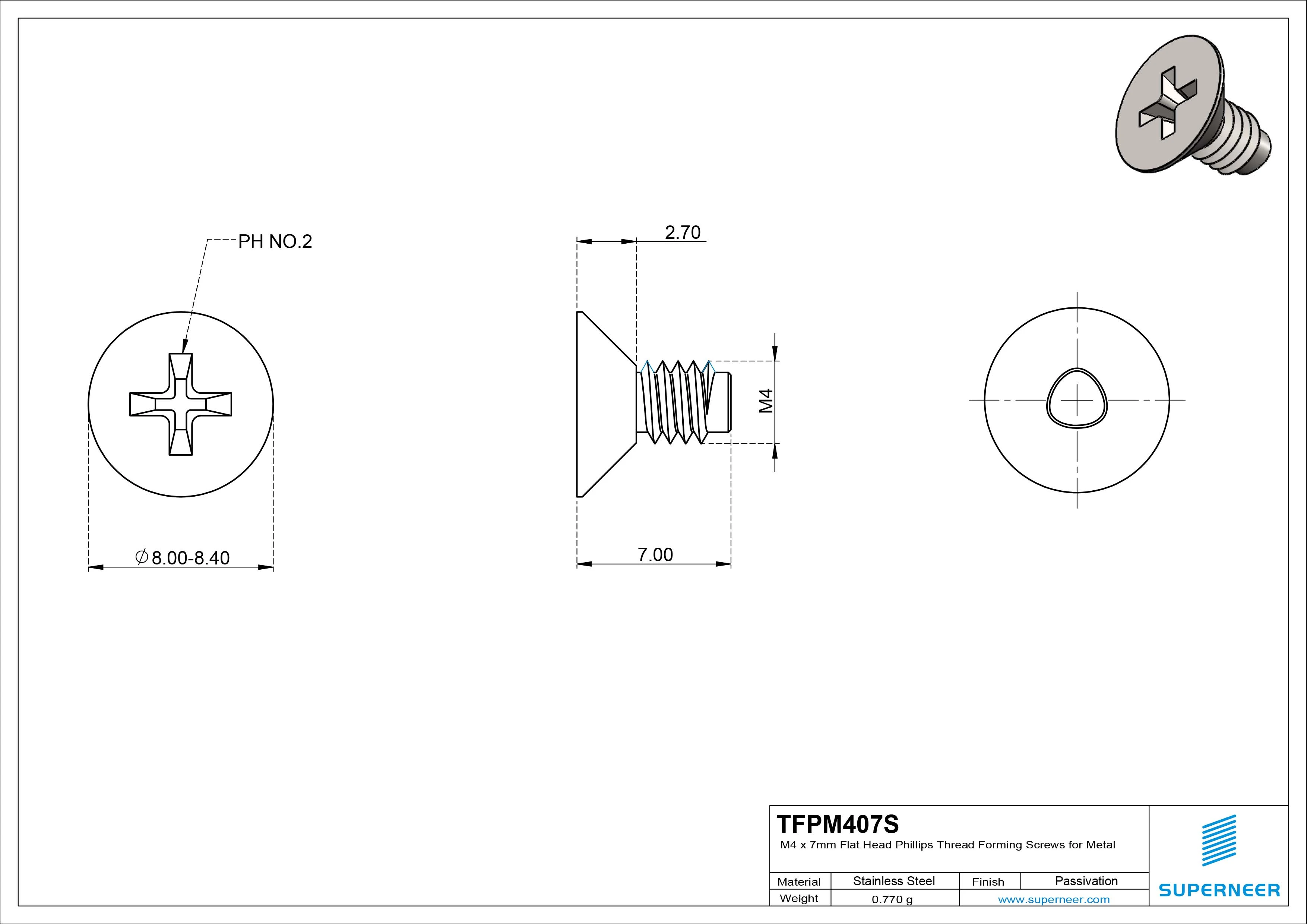 M4 × 7mm Flat Head Phillips Thread Forming Screws for Metal SUS304 Stainless Steel Inox