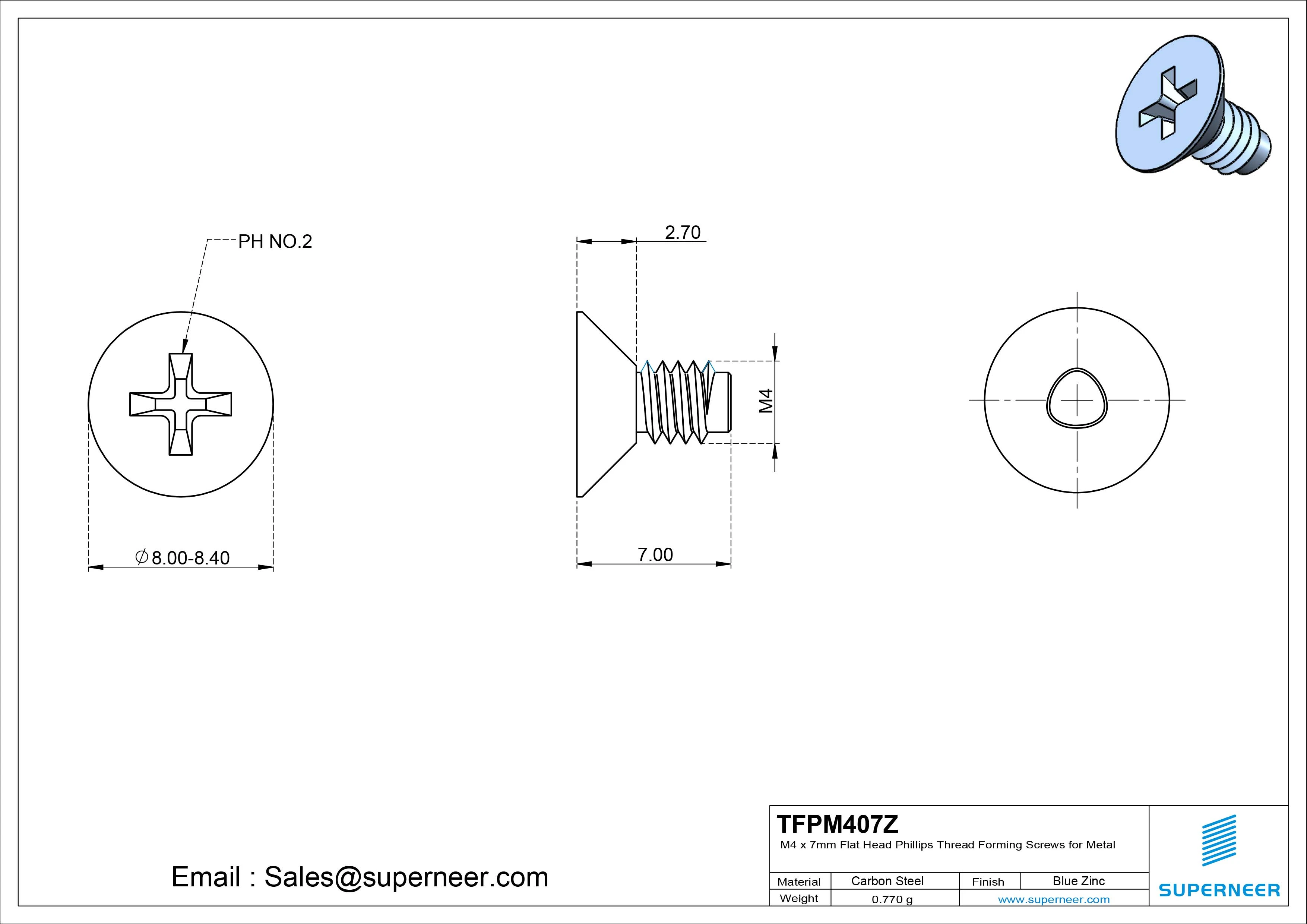 M4 × 7mm Flat Head Phillips Thread Forming Screws for Metal Steel Blue Zinc Plated