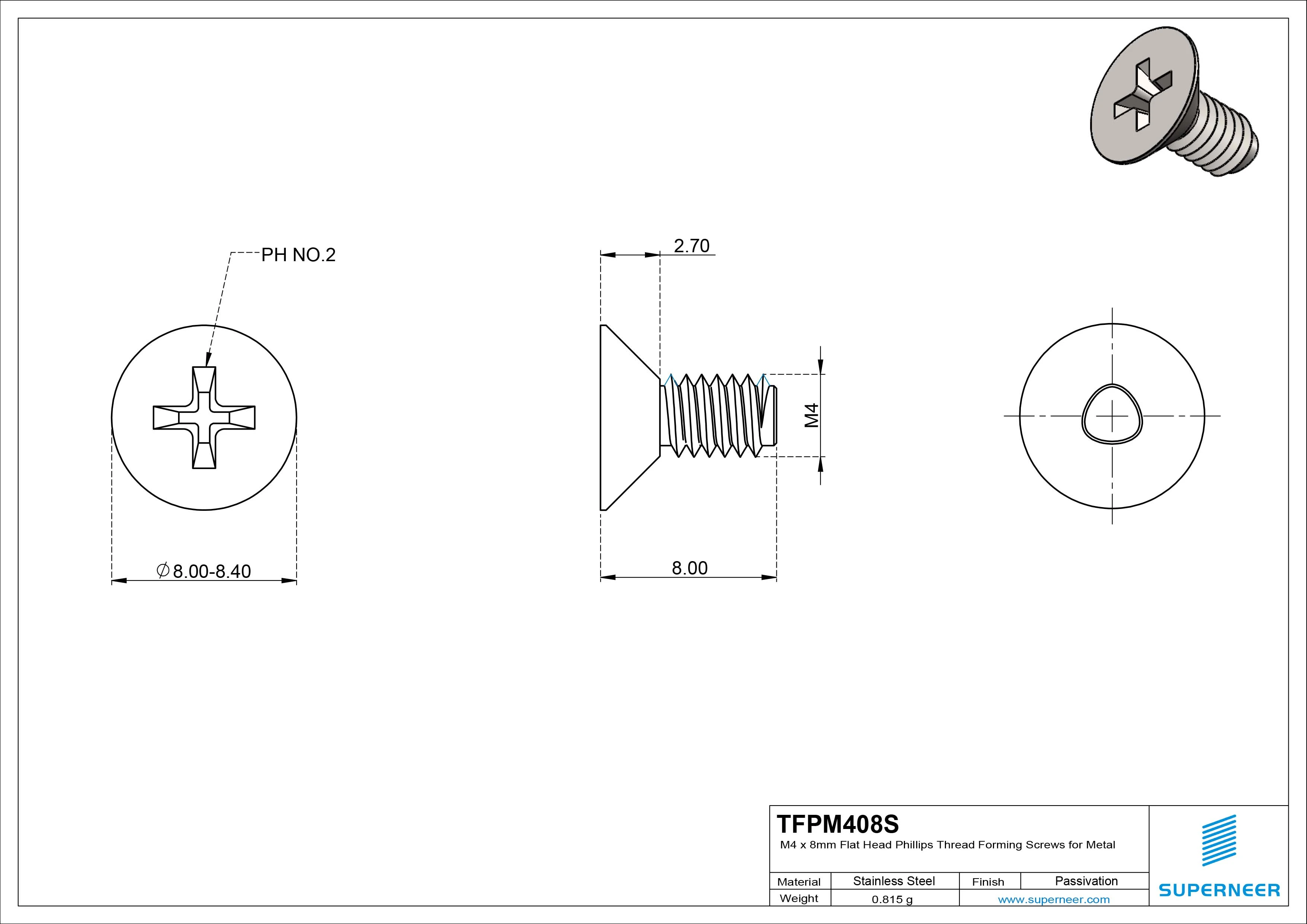 M4 × 8mm Flat Head Phillips Thread Forming Screws for Metal SUS304 Stainless Steel Inox