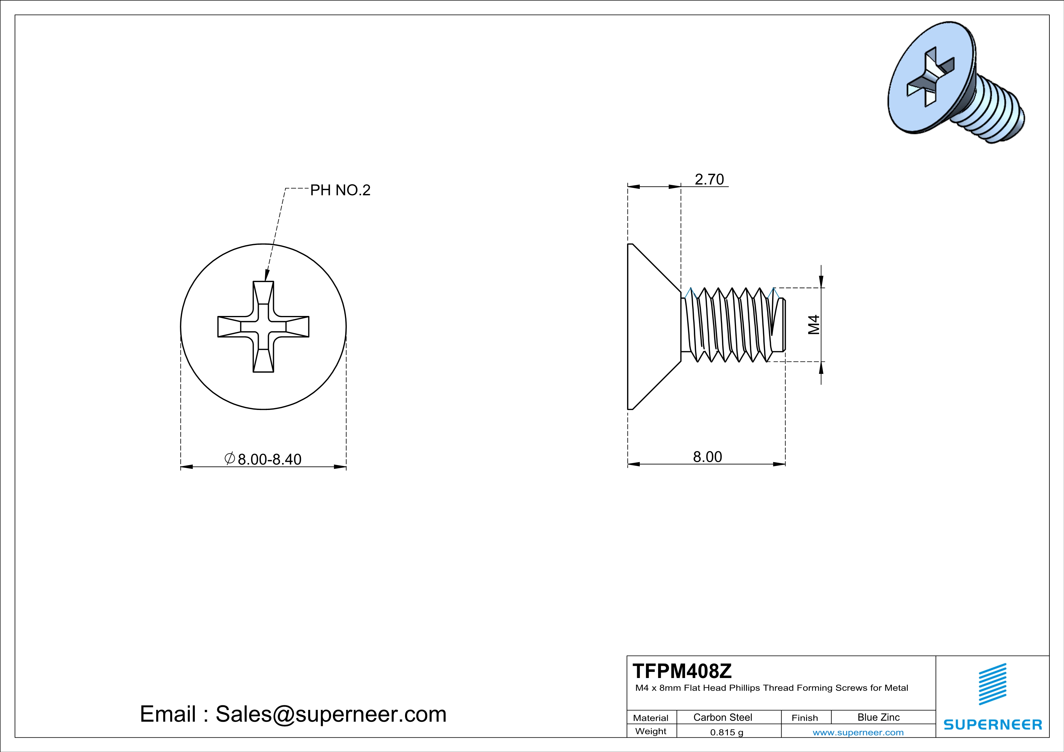 M4 × 8mm Flat Head Phillips Thread Forming Screws for Metal Steel Blue Zinc Plated