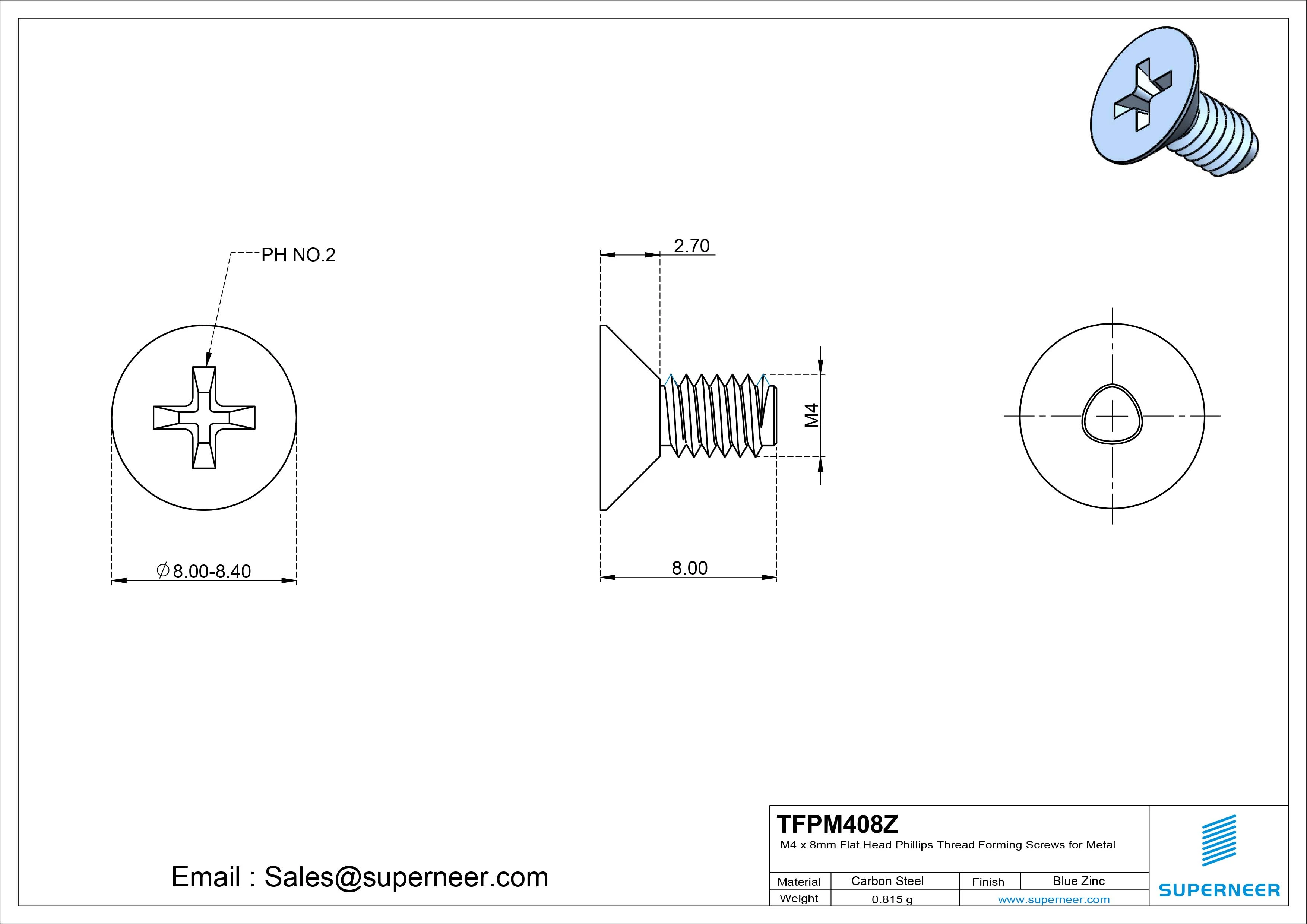 M4 × 8mm Flat Head Phillips Thread Forming Screws for Metal Steel Blue Zinc Plated