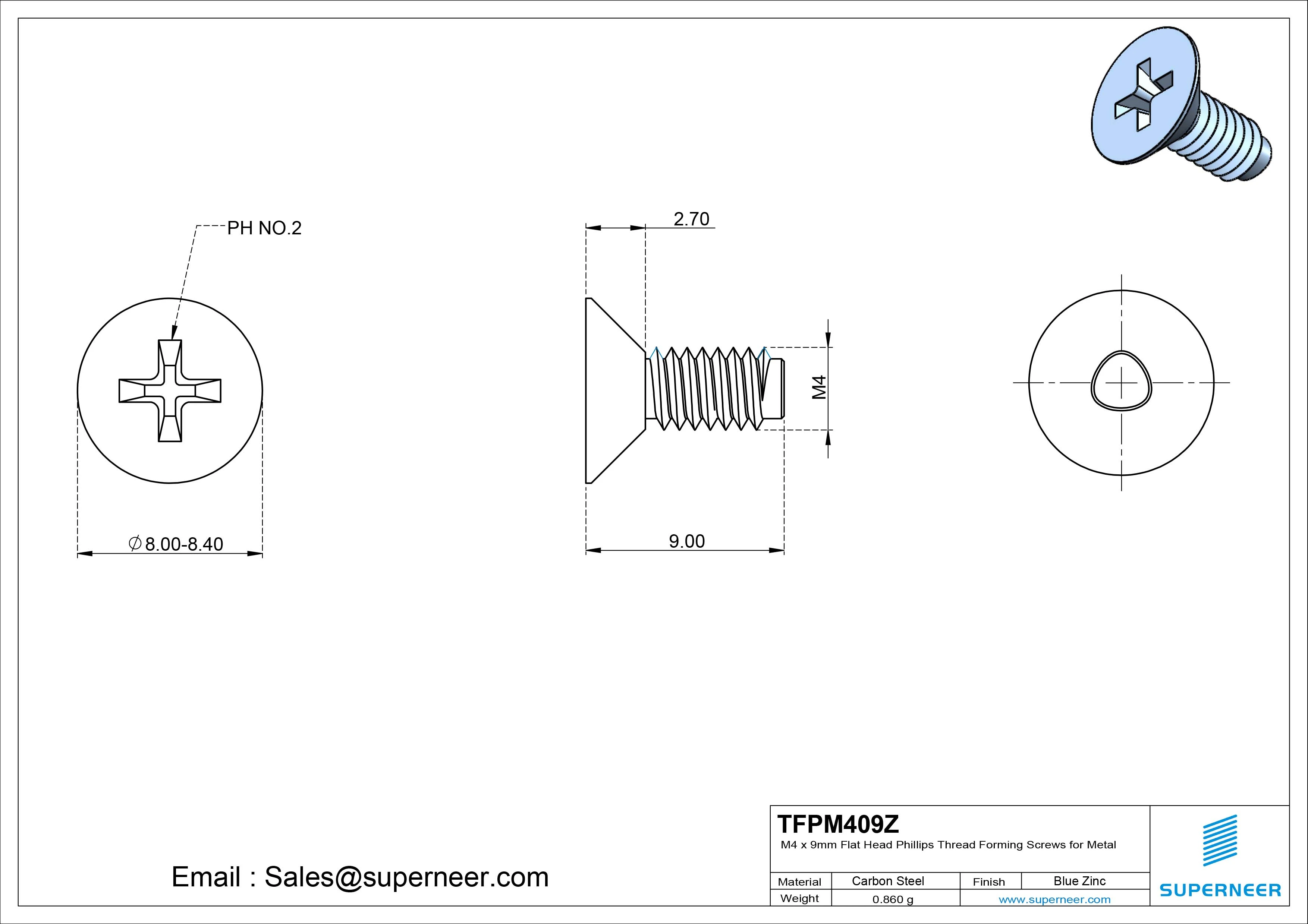 M4 × 9mm Flat Head Phillips Thread Forming Screws for Metal Steel Blue Zinc Plated