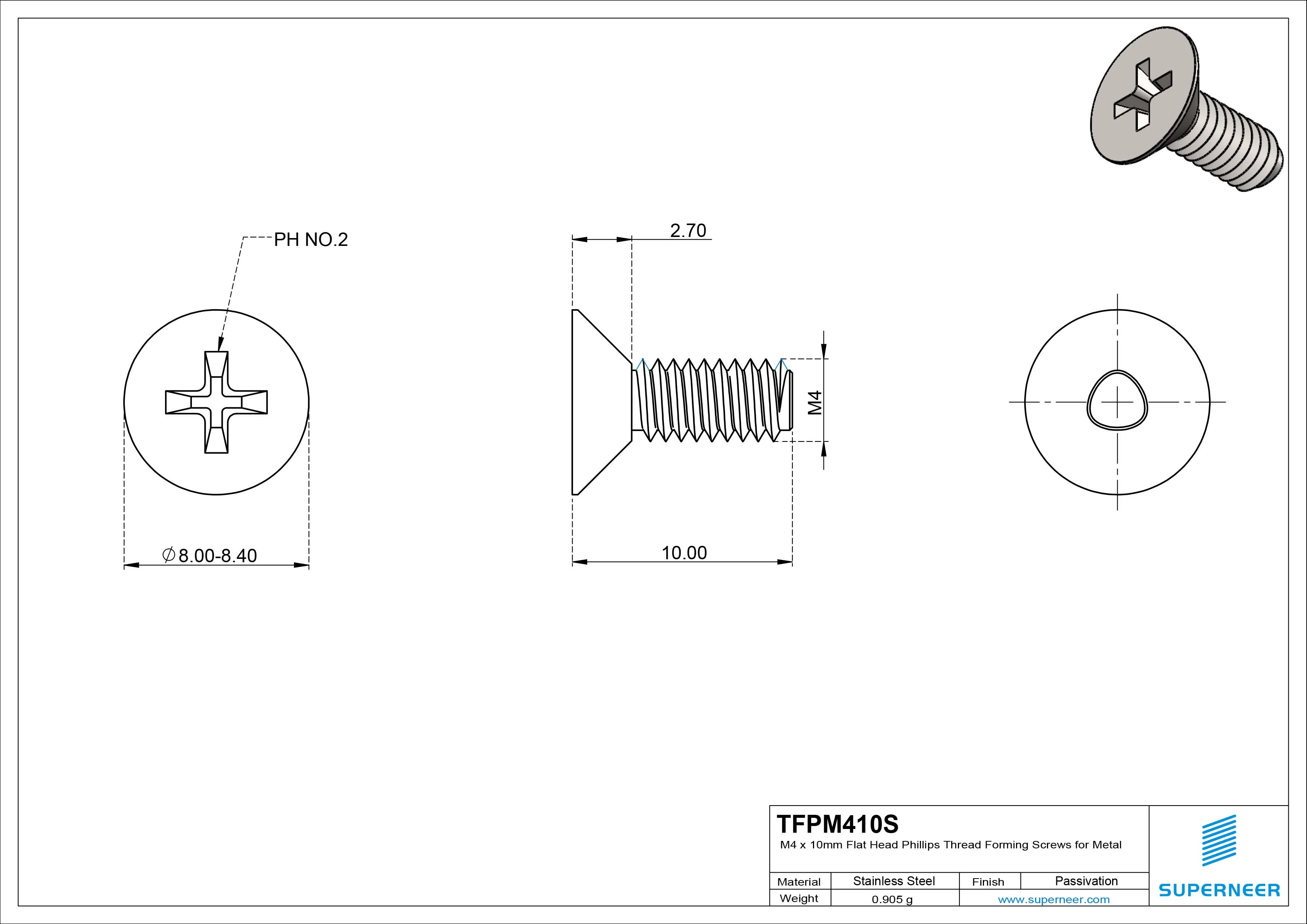 M4 × 10mm Flat Head Phillips Thread Forming Screws for Metal SUS304 Stainless Steel Inox