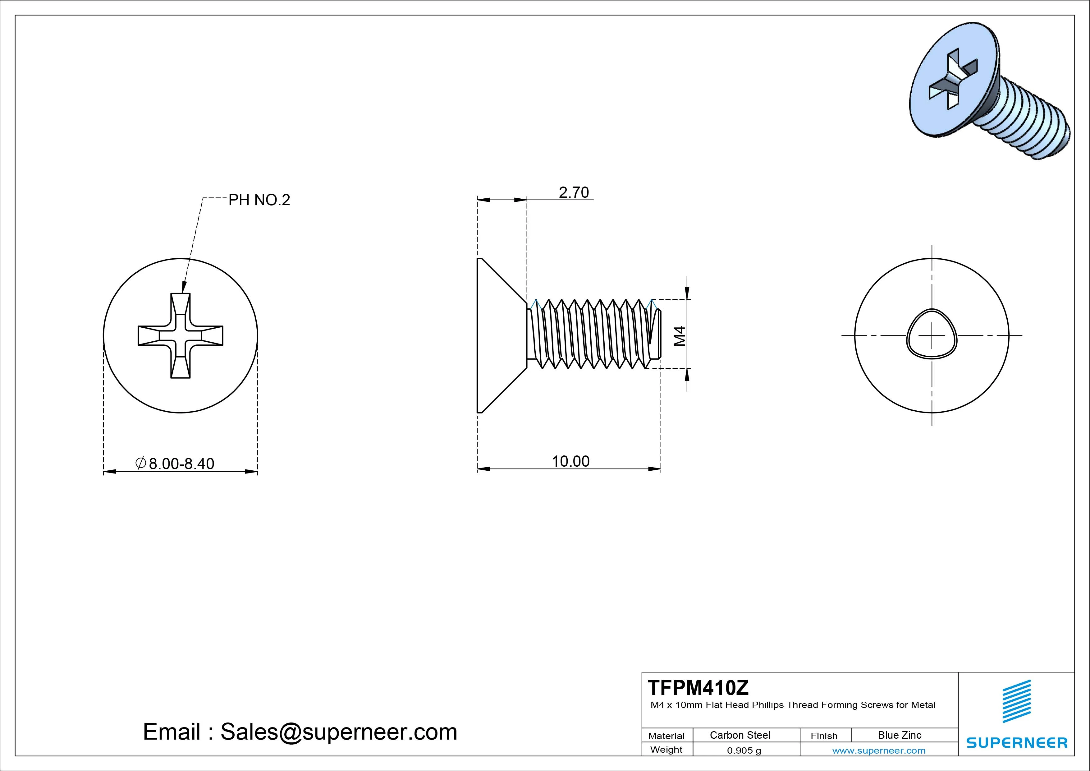 M4 × 10mm Flat Head Phillips Thread Forming Screws for Metal Steel Blue Zinc Plated