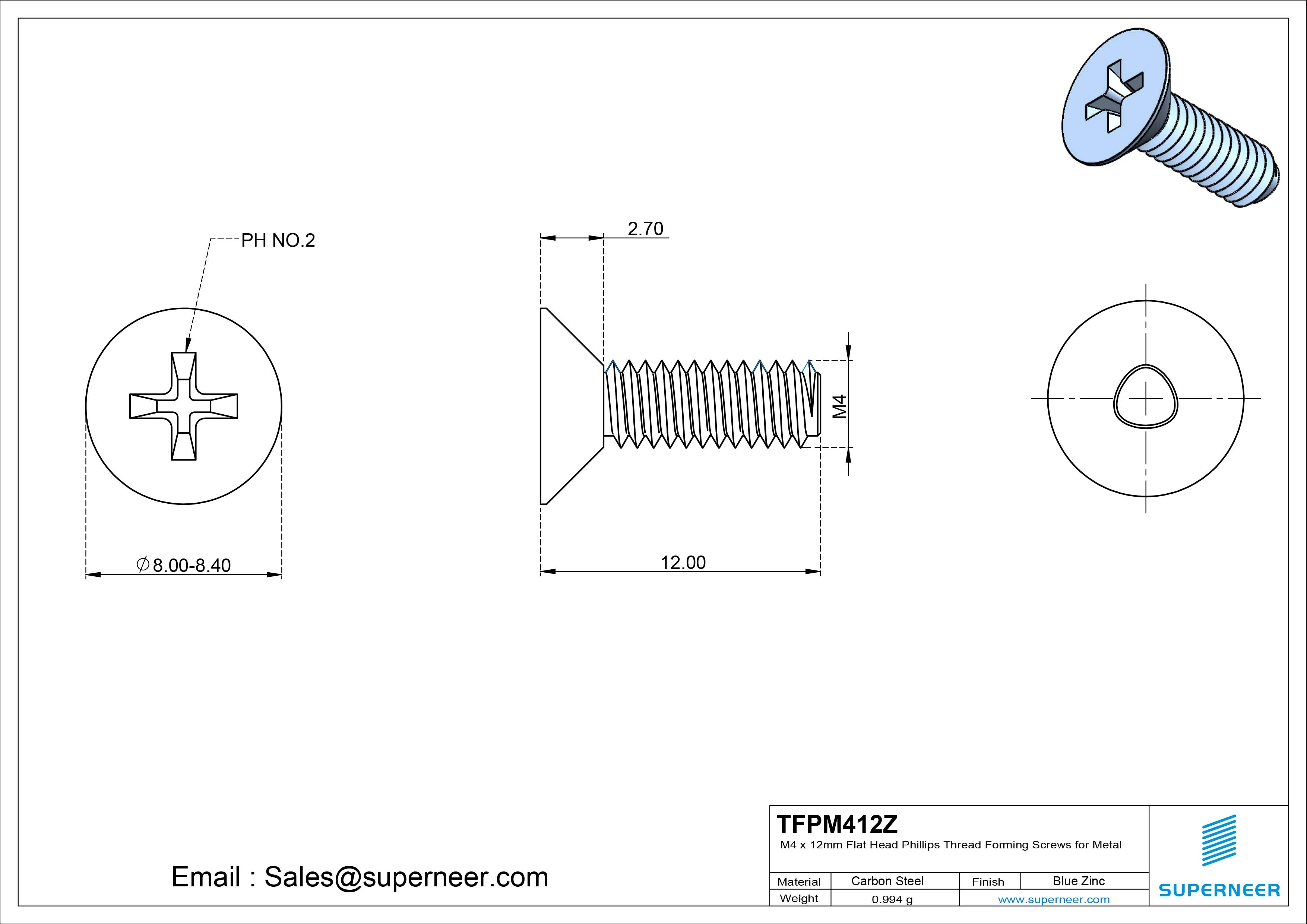 M4 × 12mm Flat Head Phillips Thread Forming Screws for Metal Steel Blue Zinc Plated