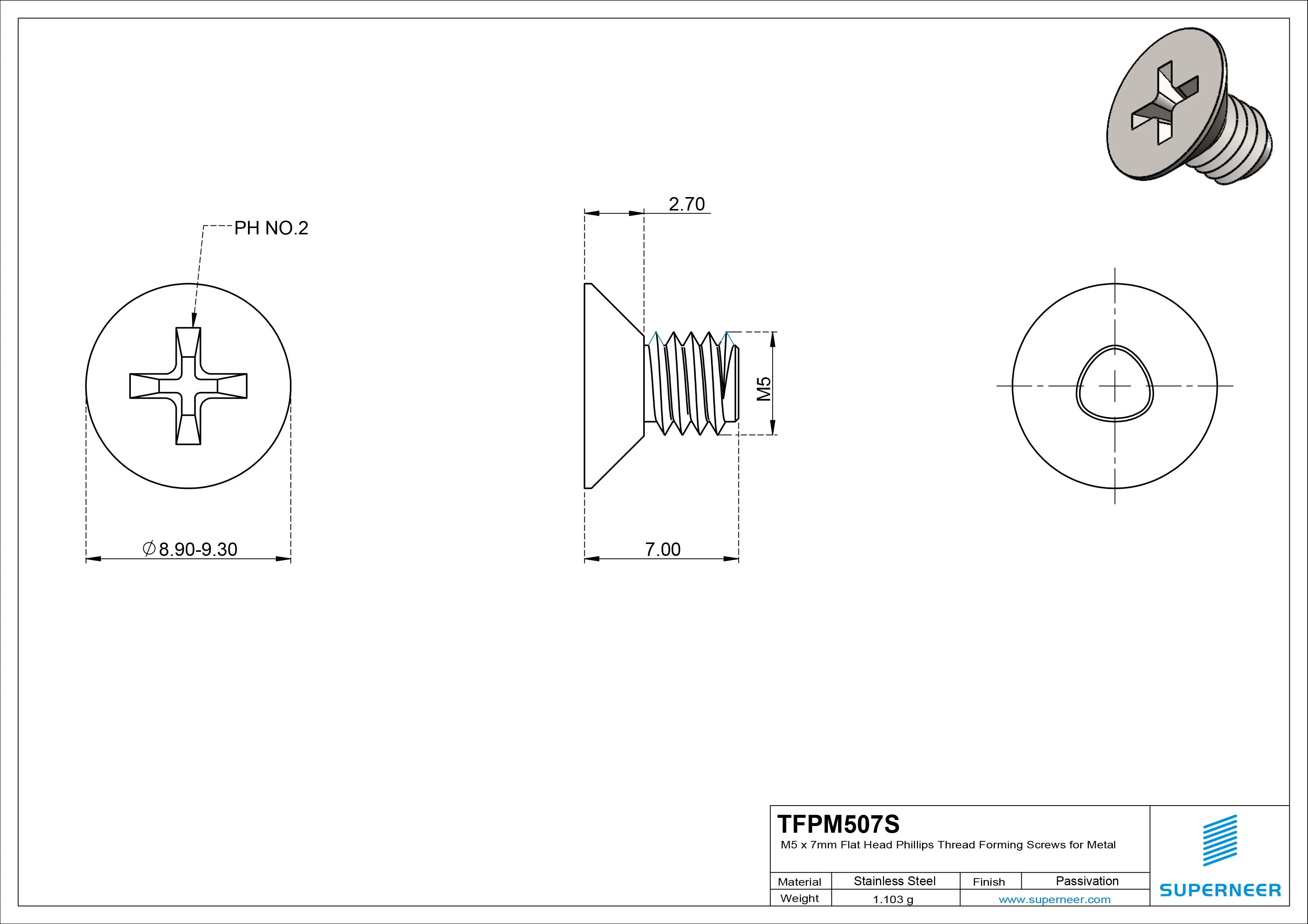 M5 × 7mm Flat Head Phillips Thread Forming Screws for Metal SUS304 Stainless Steel Inox