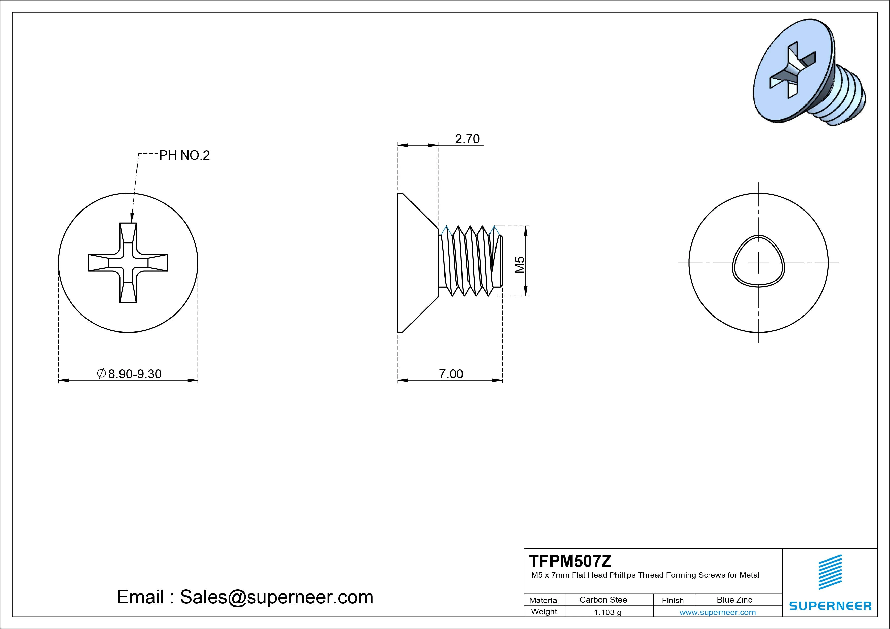 M5 × 7mm Flat Head Phillips Thread Forming Screws for Metal Steel Blue Zinc Plated