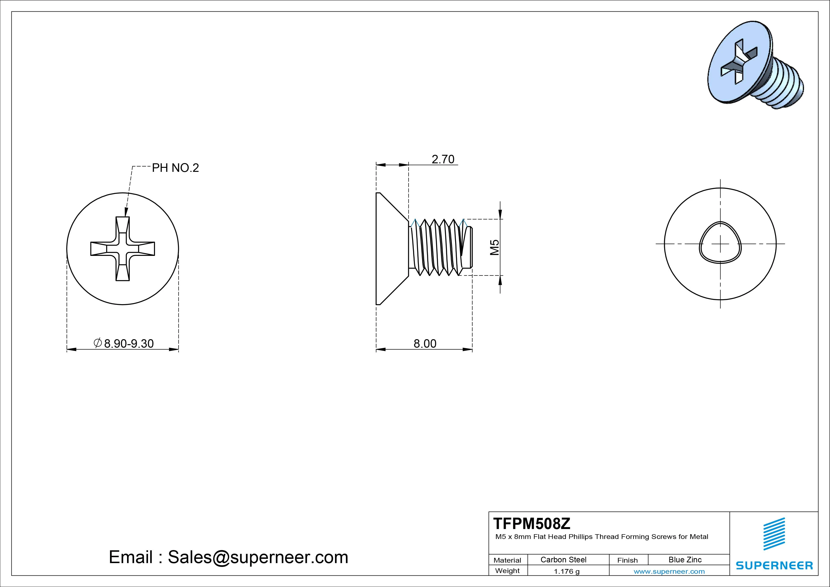 M5 × 8mm Flat Head Phillips Thread Forming Screws for Metal Steel Blue Zinc Plated