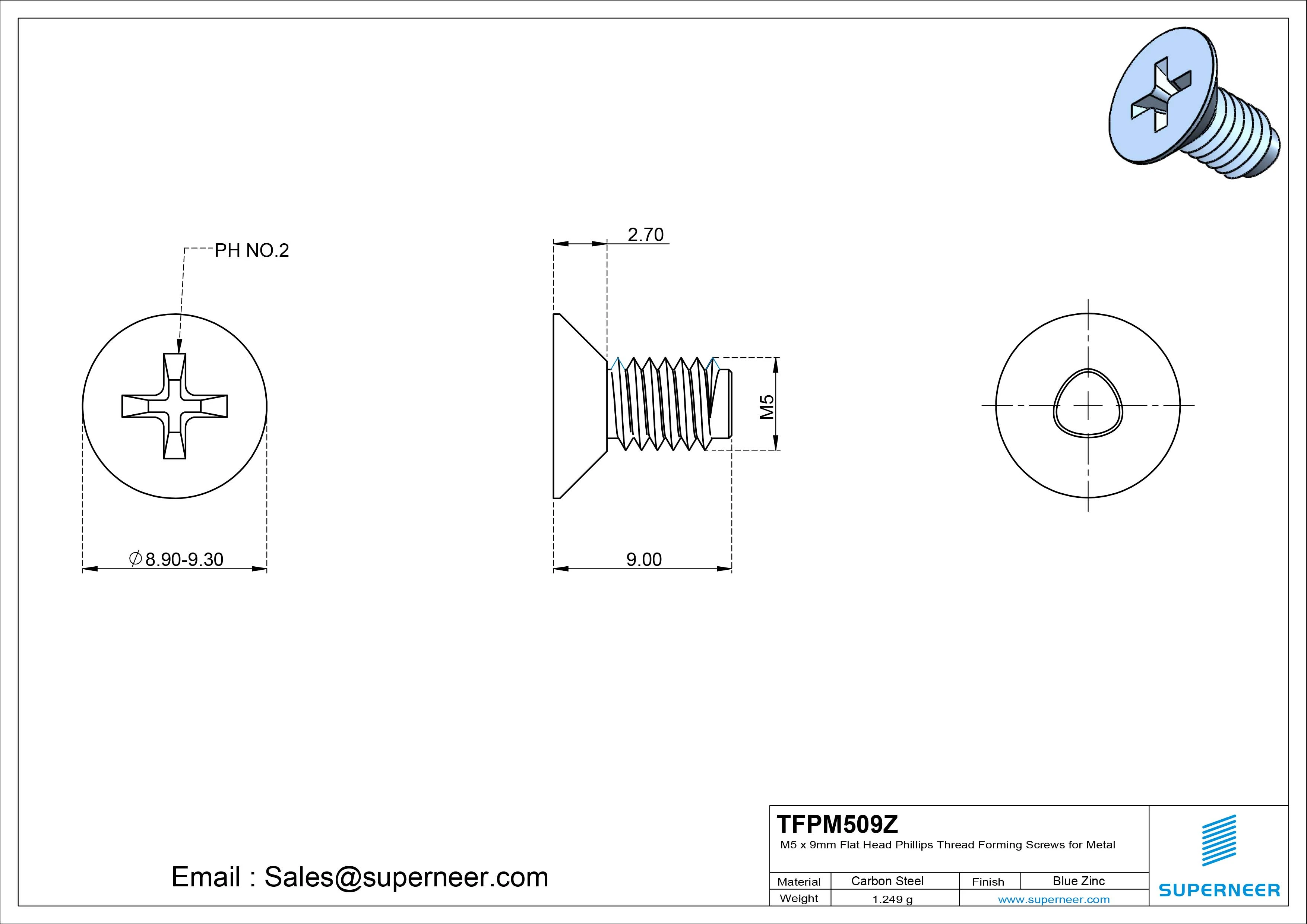 M5 × 9mm Flat Head Phillips Thread Forming Screws for Metal Steel Blue Zinc Plated