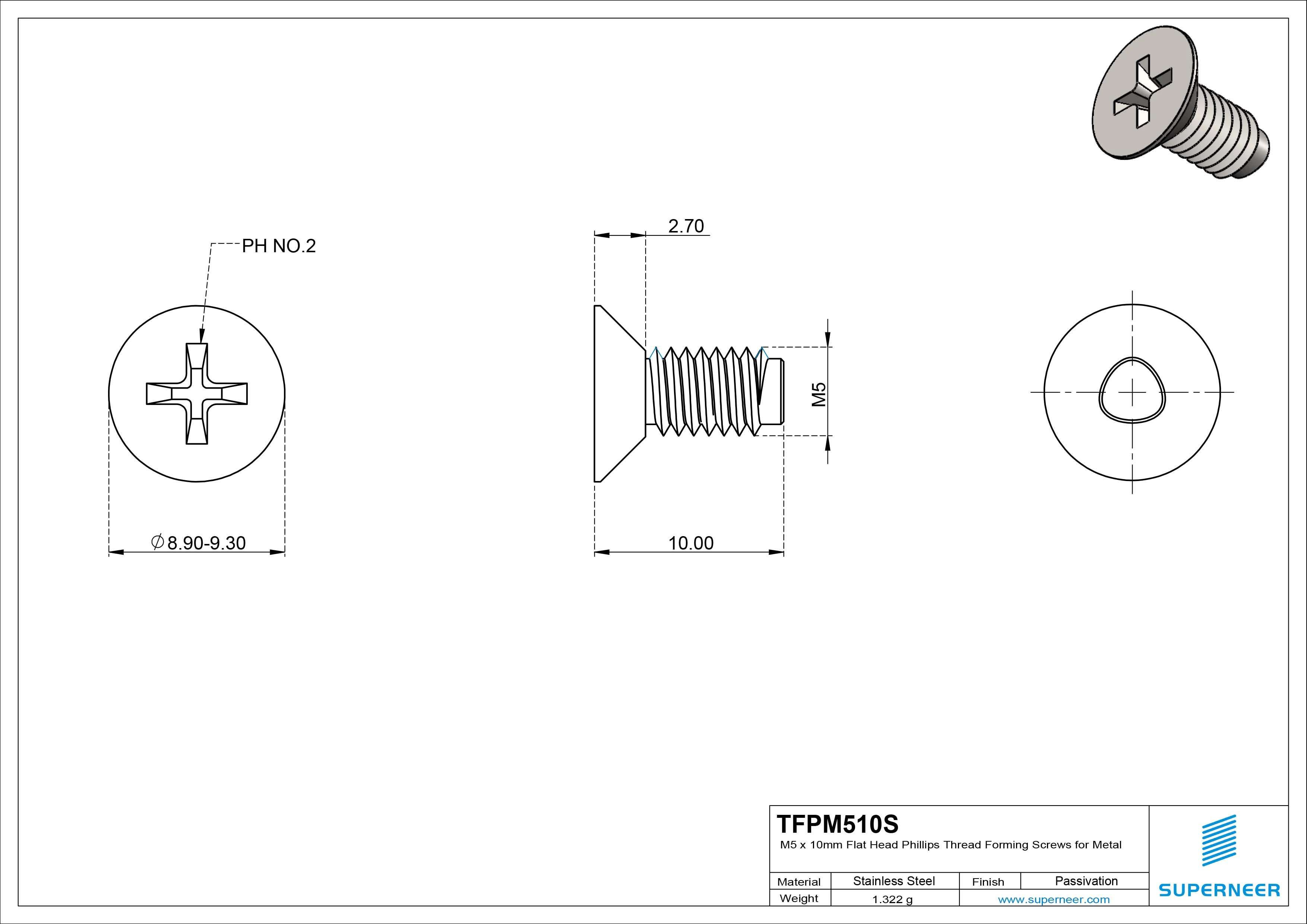 M5 × 10mm Flat Head Phillips Thread Forming Screws for Metal SUS304 Stainless Steel Inox