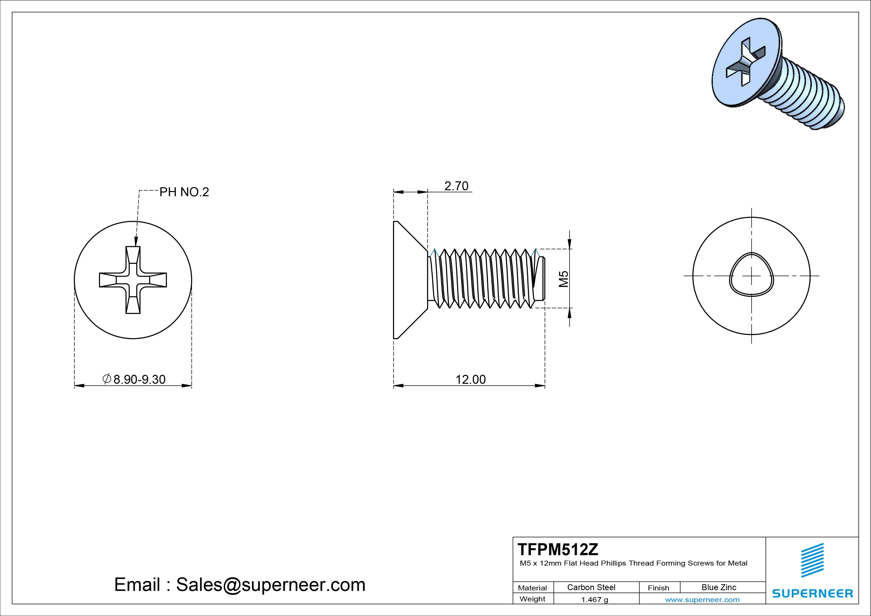 M5 × 12mm Flat Head Phillips Thread Forming Screws for Metal Steel Blue Zinc Plated