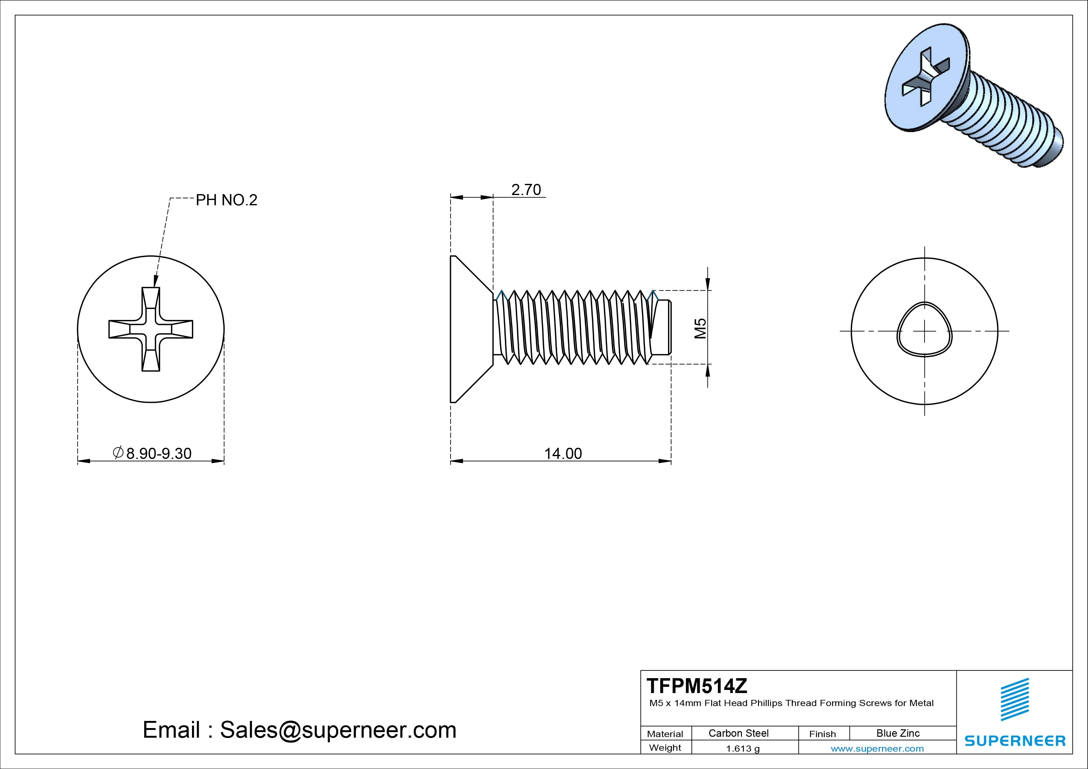 M5 × 14mm Flat Head Phillips Thread Forming Screws for Metal Steel Blue Zinc Plated