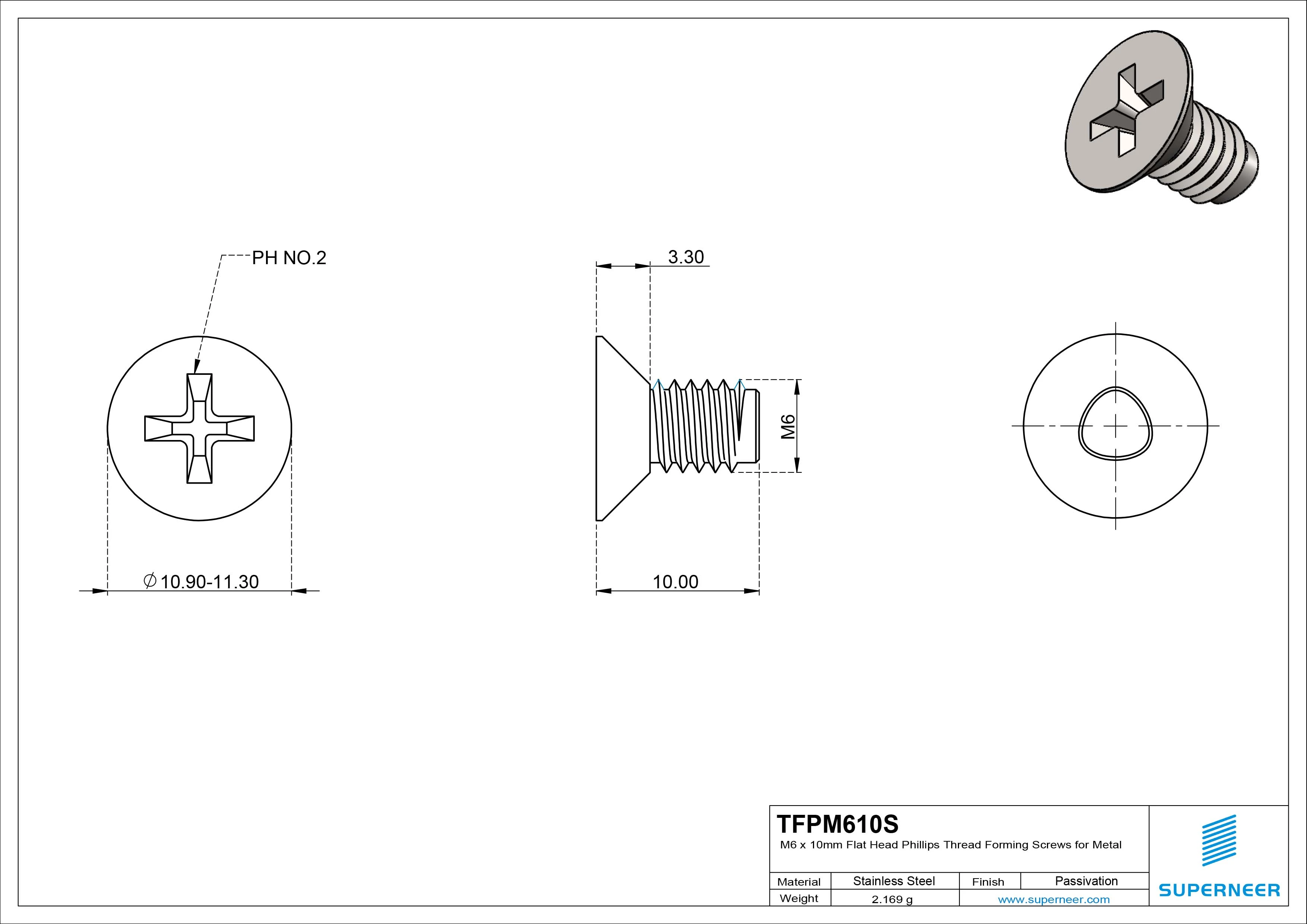 M6 × 10mm Flat Head Phillips Thread Forming Screws for Metal SUS304 Stainless Steel Inox