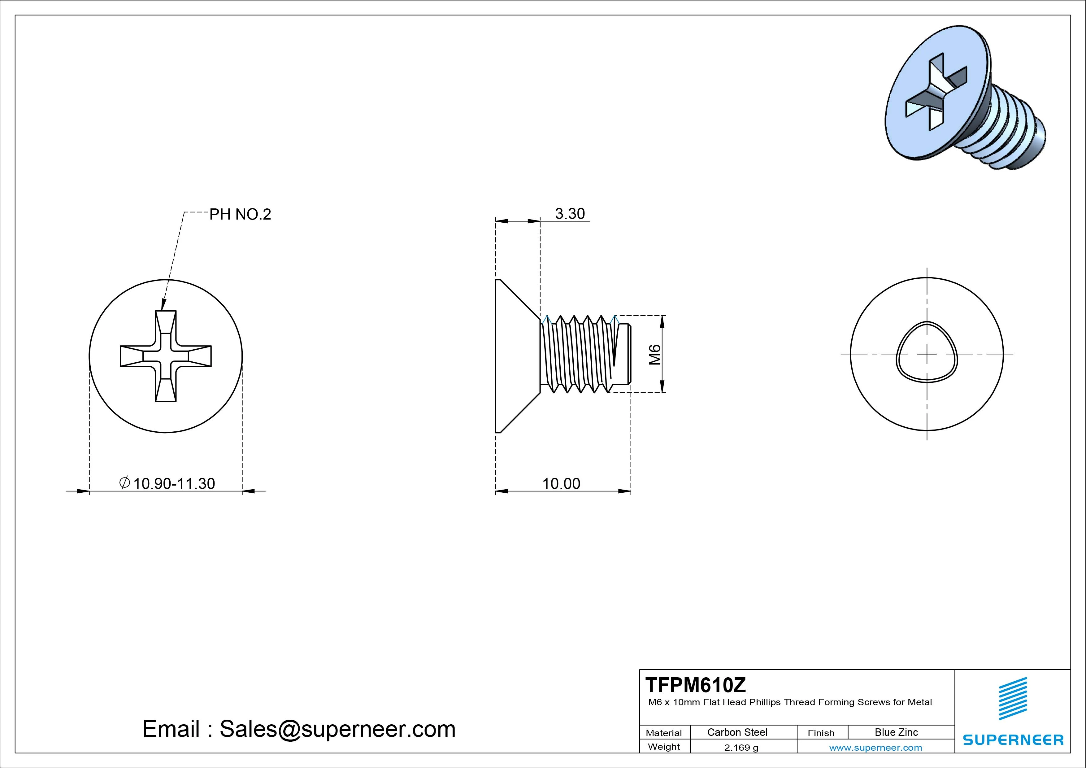 M6 × 10mm Flat Head Phillips Thread Forming Screws for Metal Steel Blue Zinc Plated