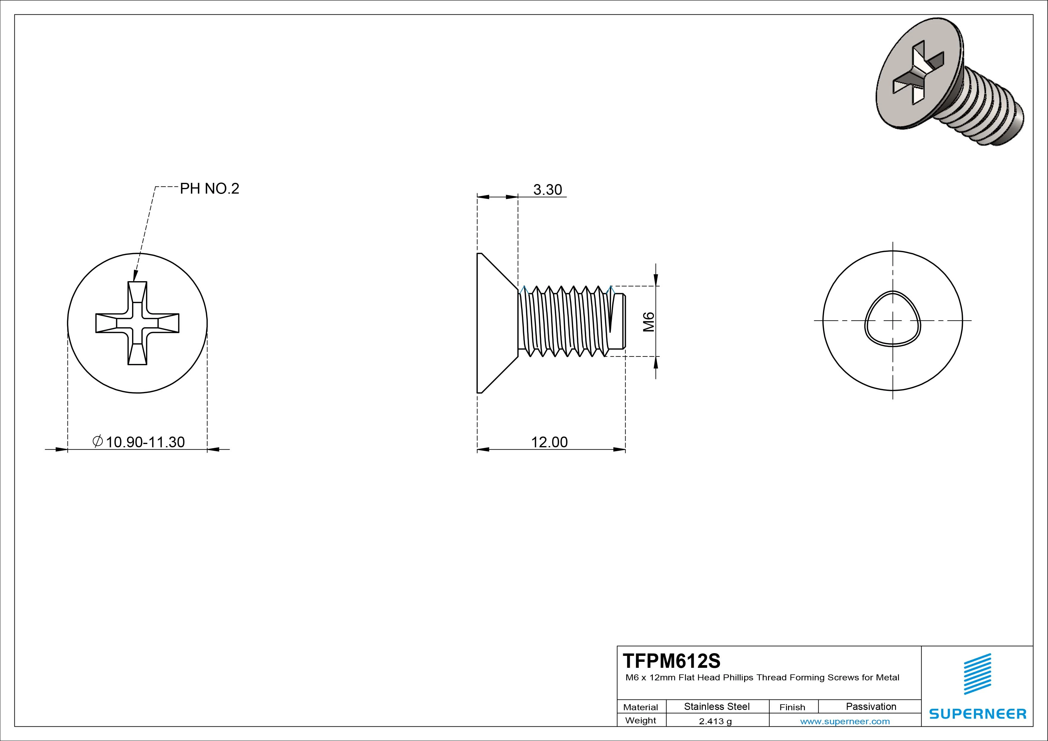 M6 × 12mm Flat Head Phillips Thread Forming Screws for Metal SUS304 Stainless Steel Inox