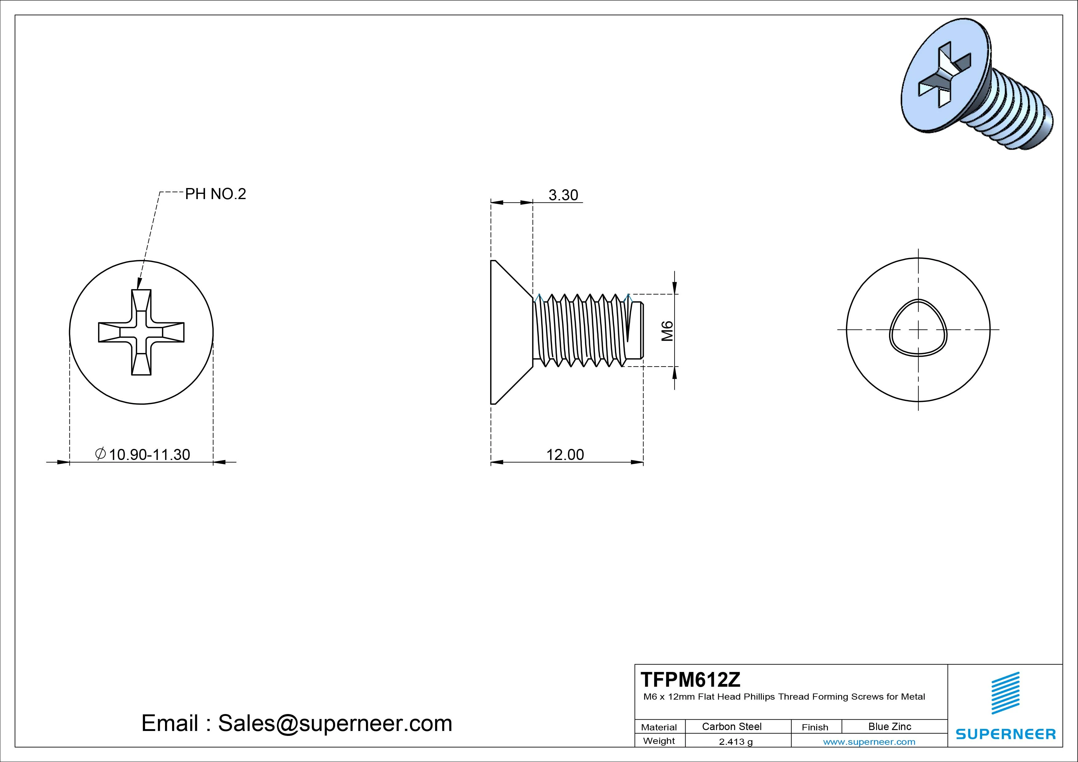 M6 × 12mm Flat Head Phillips Thread Forming Screws for Metal Steel Blue Zinc Plated