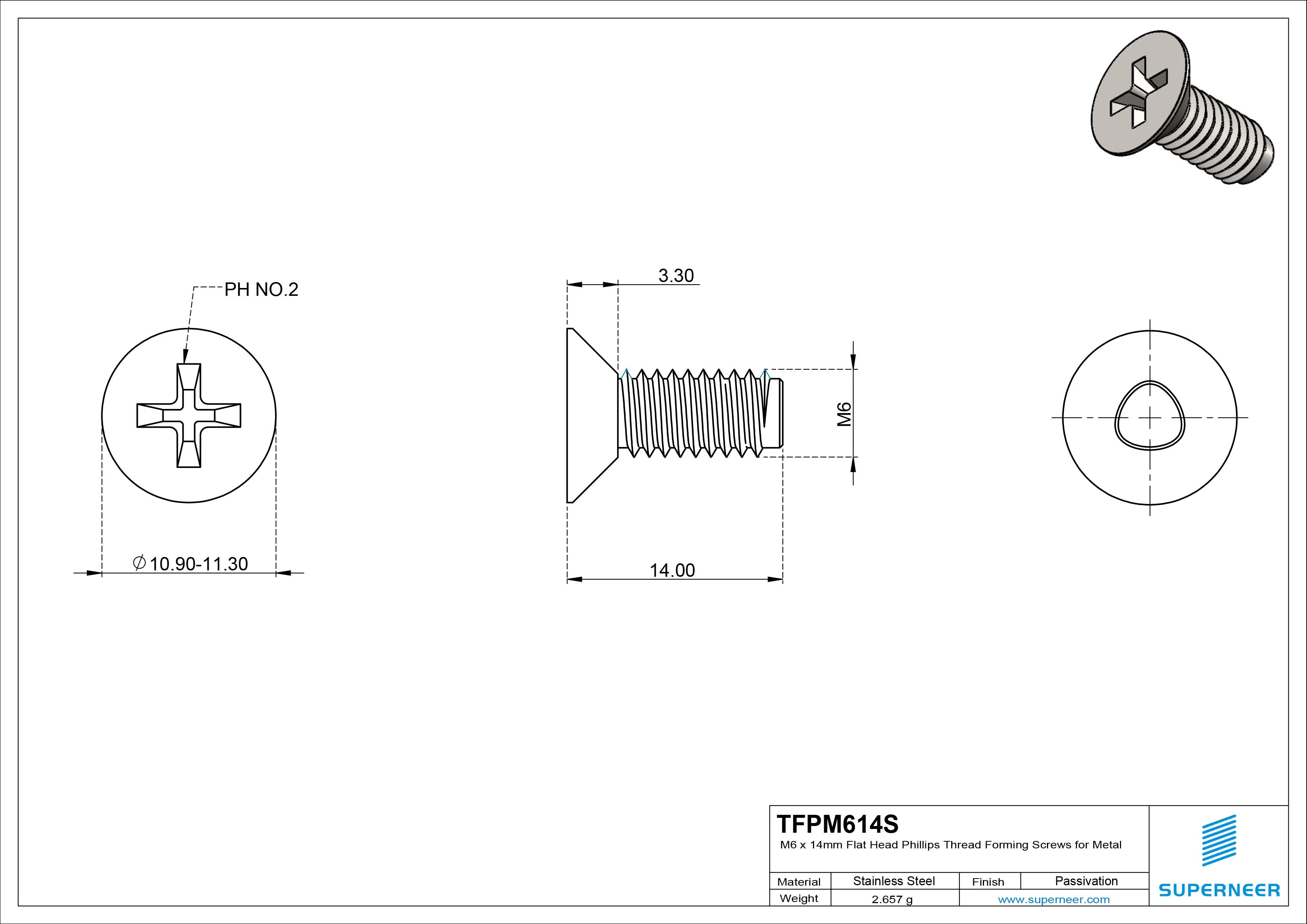 M6 × 14mm Flat Head Phillips Thread Forming Screws for Metal SUS304 Stainless Steel Inox