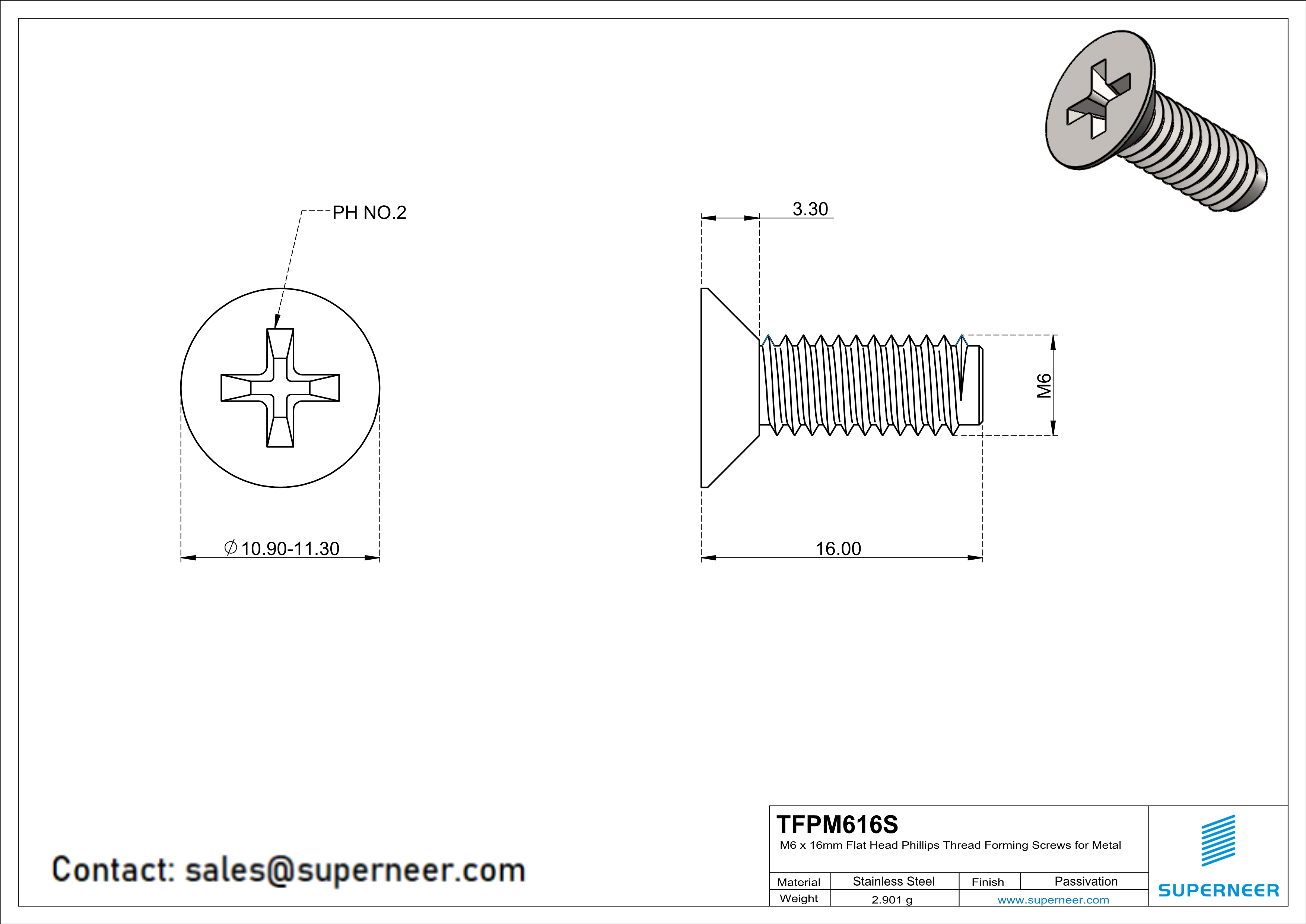 M6 × 16mm Flat Head Phillips Thread Forming Screws for Metal SUS304 Stainless Steel Inox