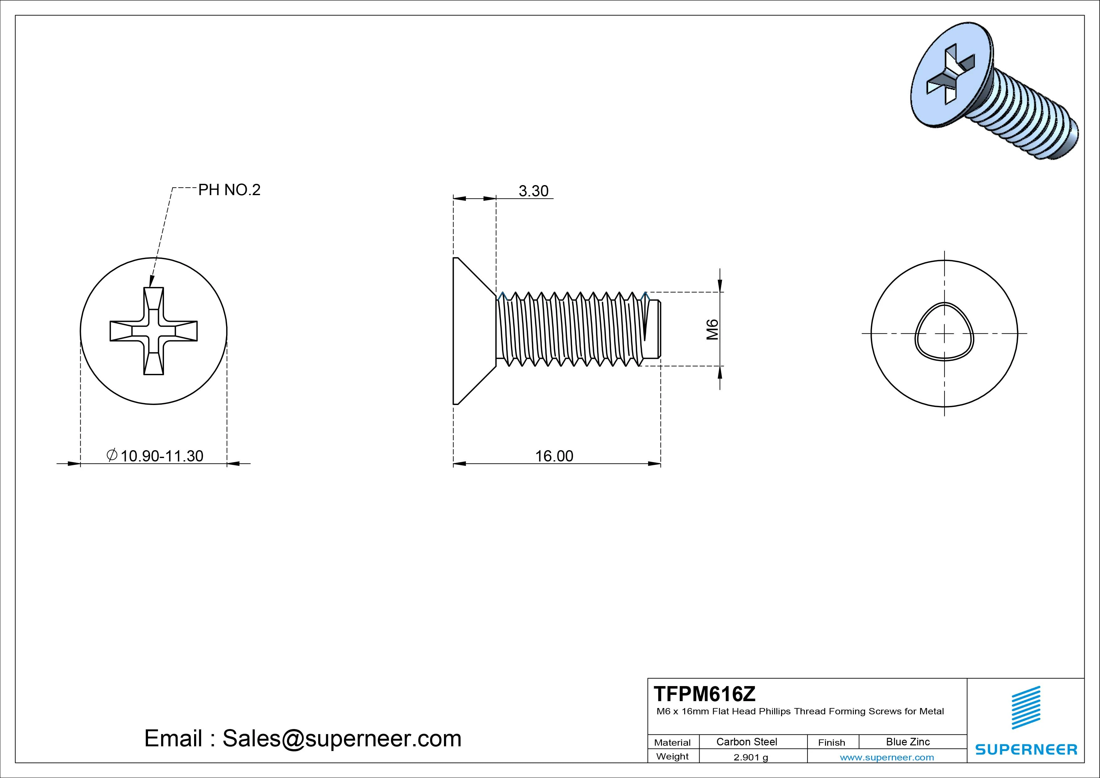 M6 × 16mm Flat Head Phillips Thread Forming Screws for Metal Steel Blue Zinc Plated