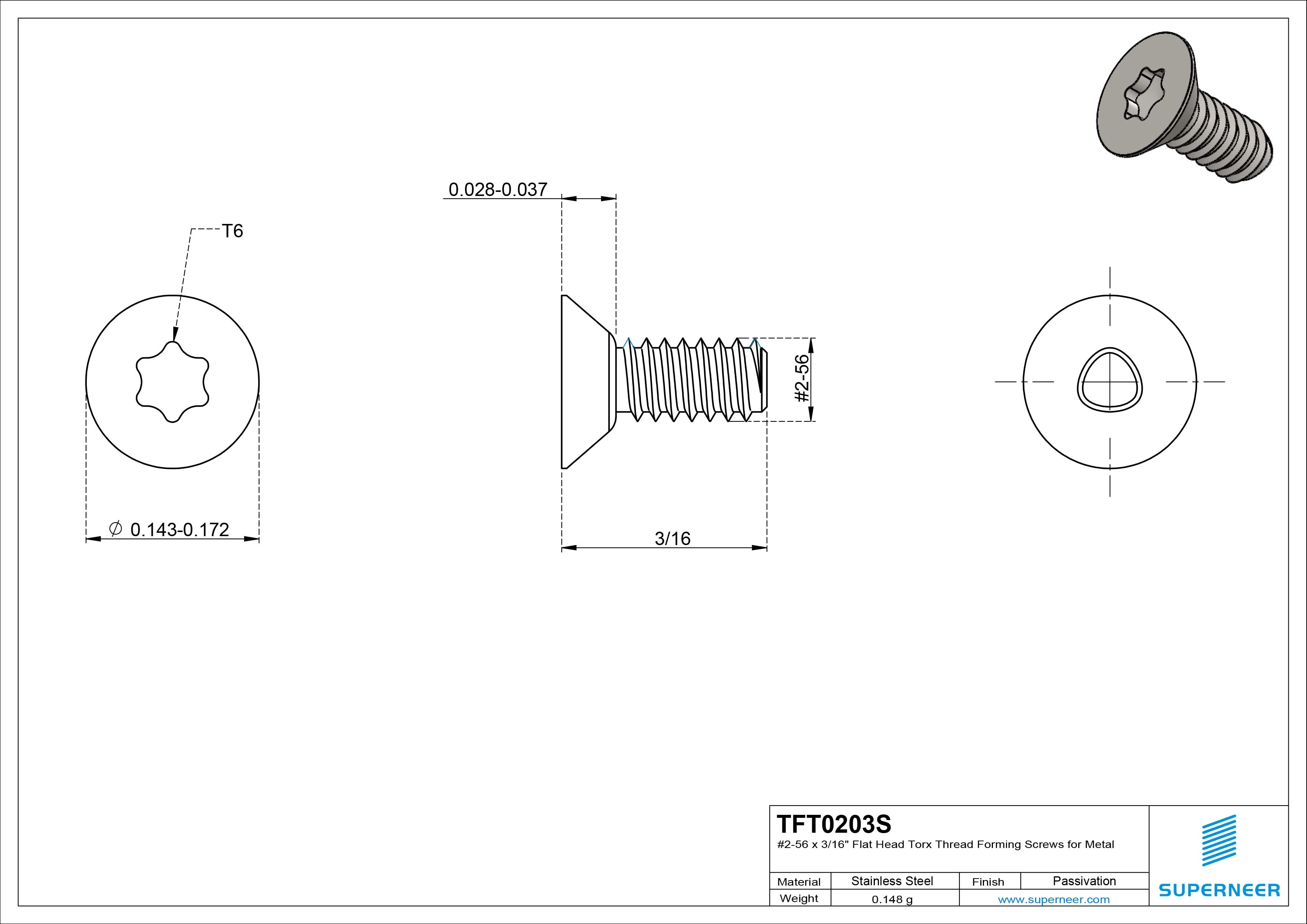 2-56 × 3/16 Flat Head Torx Thread Forming  Screws for Metal  SUS304 Stainless Steel Inox