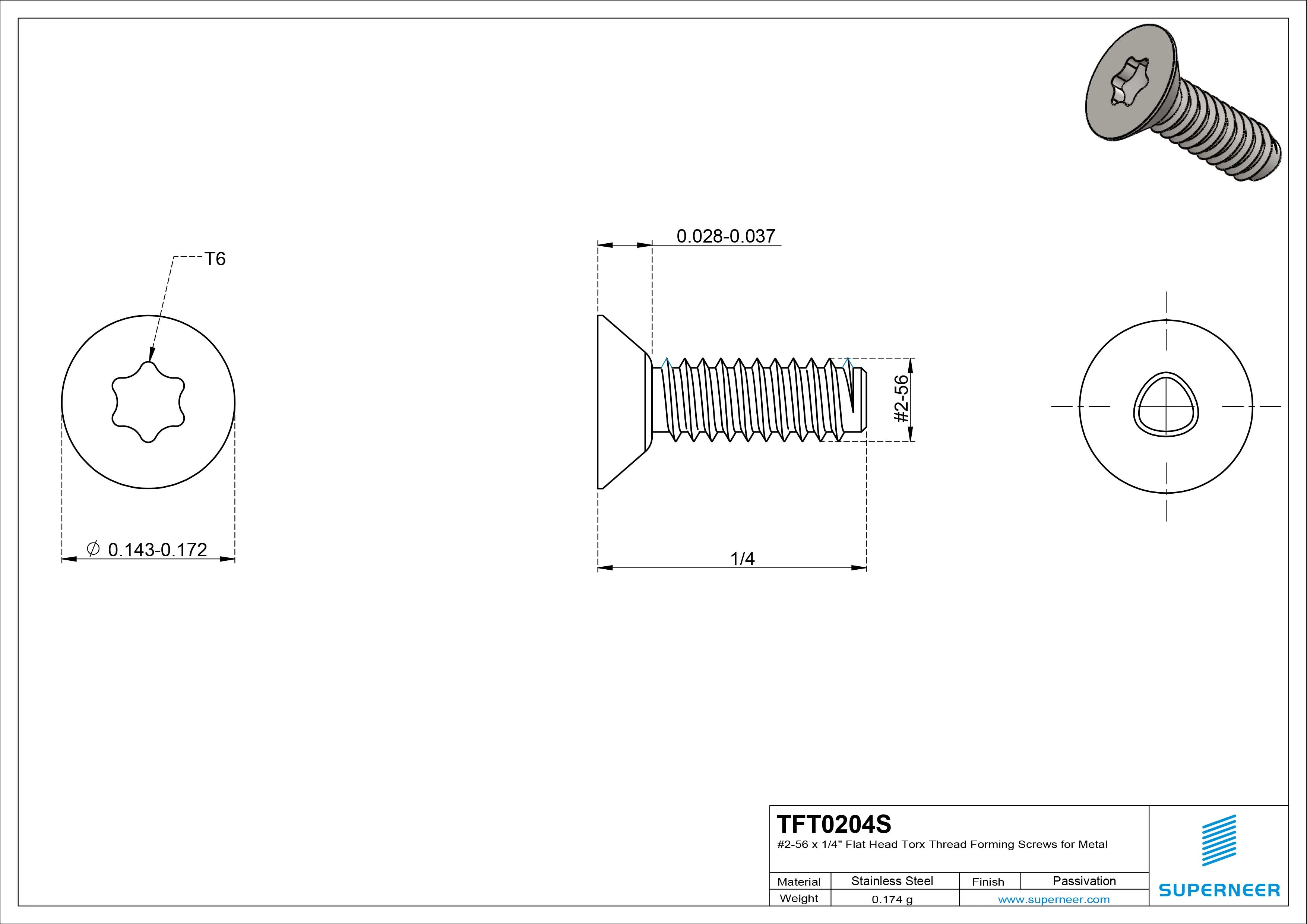 2-56 × 1/4 Flat Head Torx Thread Forming  Screws for Metal  SUS304 Stainless Steel Inox
