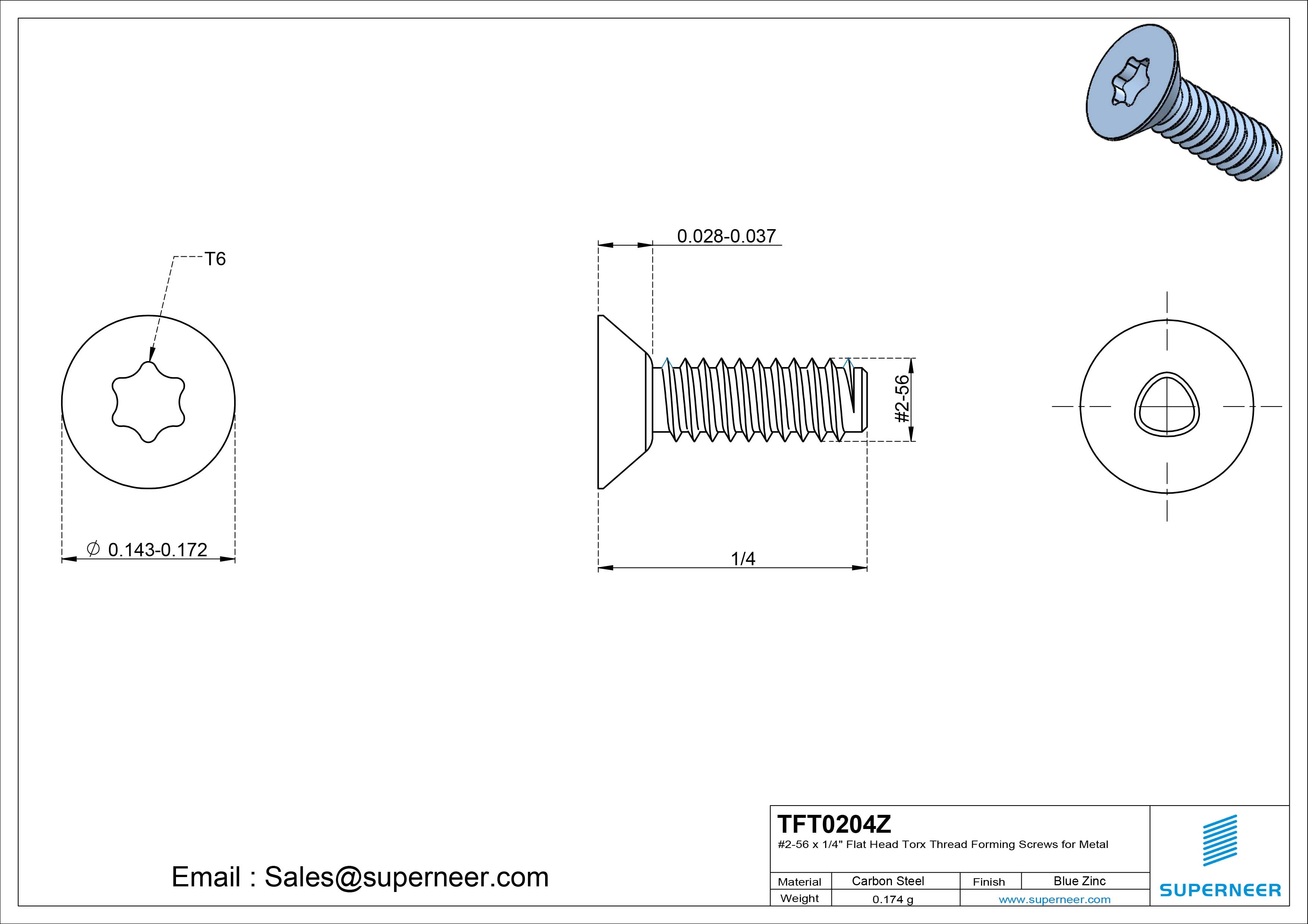 2-56 × 1/4 Flat Head Torx Thread Forming  Screws for Metal  Steel Blue Zinc Plated